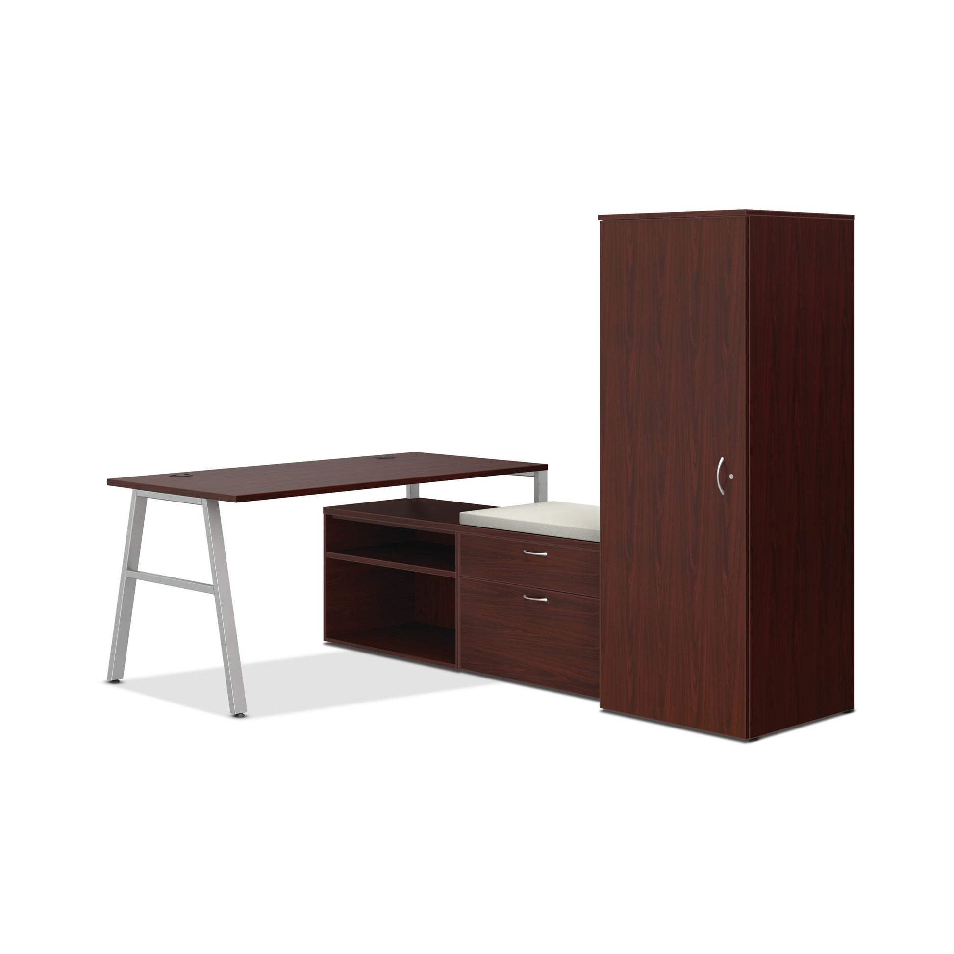 HON Mod small office | 84"W x 60"D | 2 Storage Credenzas | Wardrobe | Silver A-Legs | Cool Neutral Credenza Cushion | Traditional Mahogany Laminate