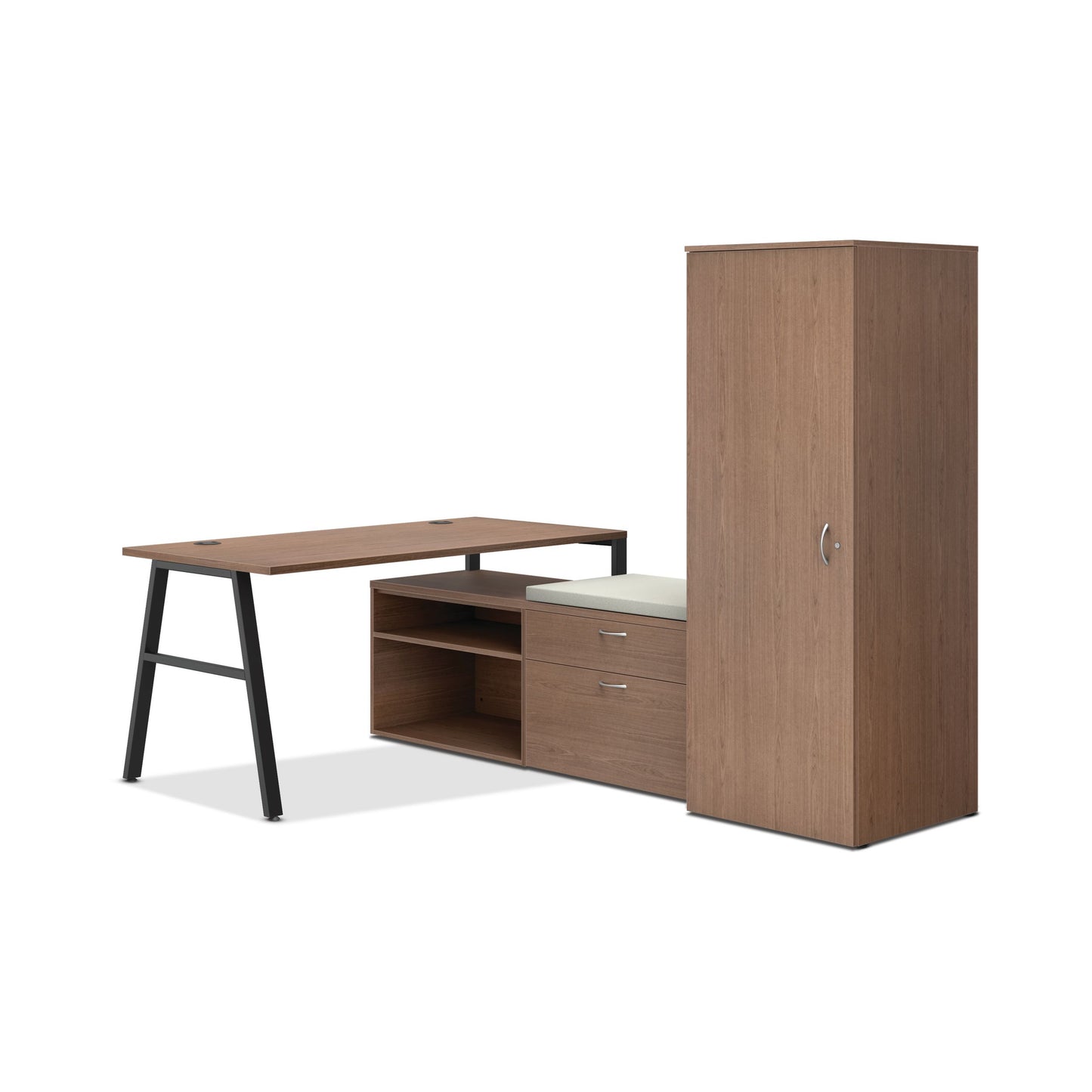 HON Mod small office | 84"W x 60"D | 2 Storage Credenzas | Wardrobe | Black A-Legs | Cool Neutral Credenza Cushion | Sepia Walnut Laminate