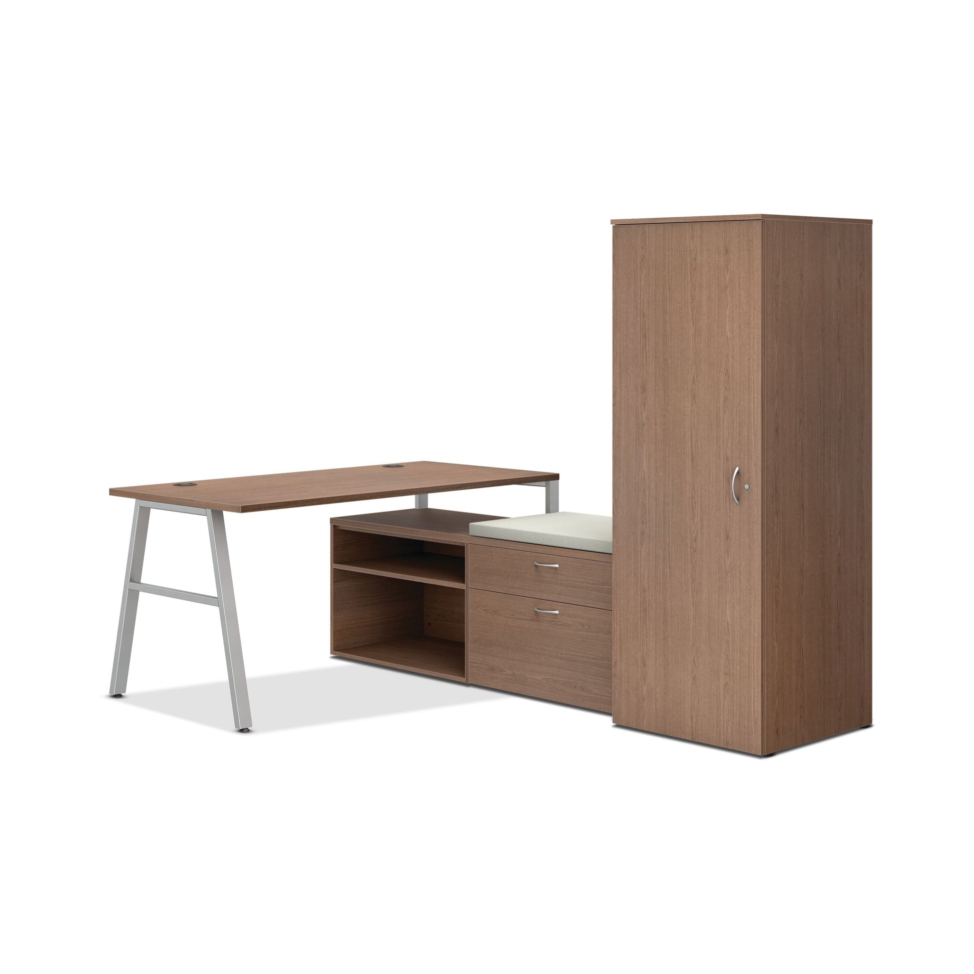 HON Mod small office | 84"W x 60"D | 2 Storage Credenzas | Wardrobe | Silver A-Legs | Cool Neutral Credenza Cushion | Sepia Walnut Laminate