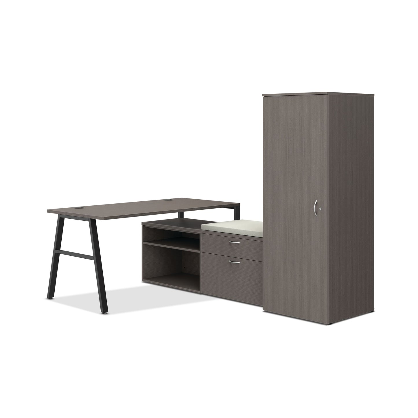 HON Mod small office | 84"W x 60"D | 2 Storage Credenzas | Wardrobe | Black A-Legs | Cool Neutral Credenza Cushion | Slate Teak Laminate