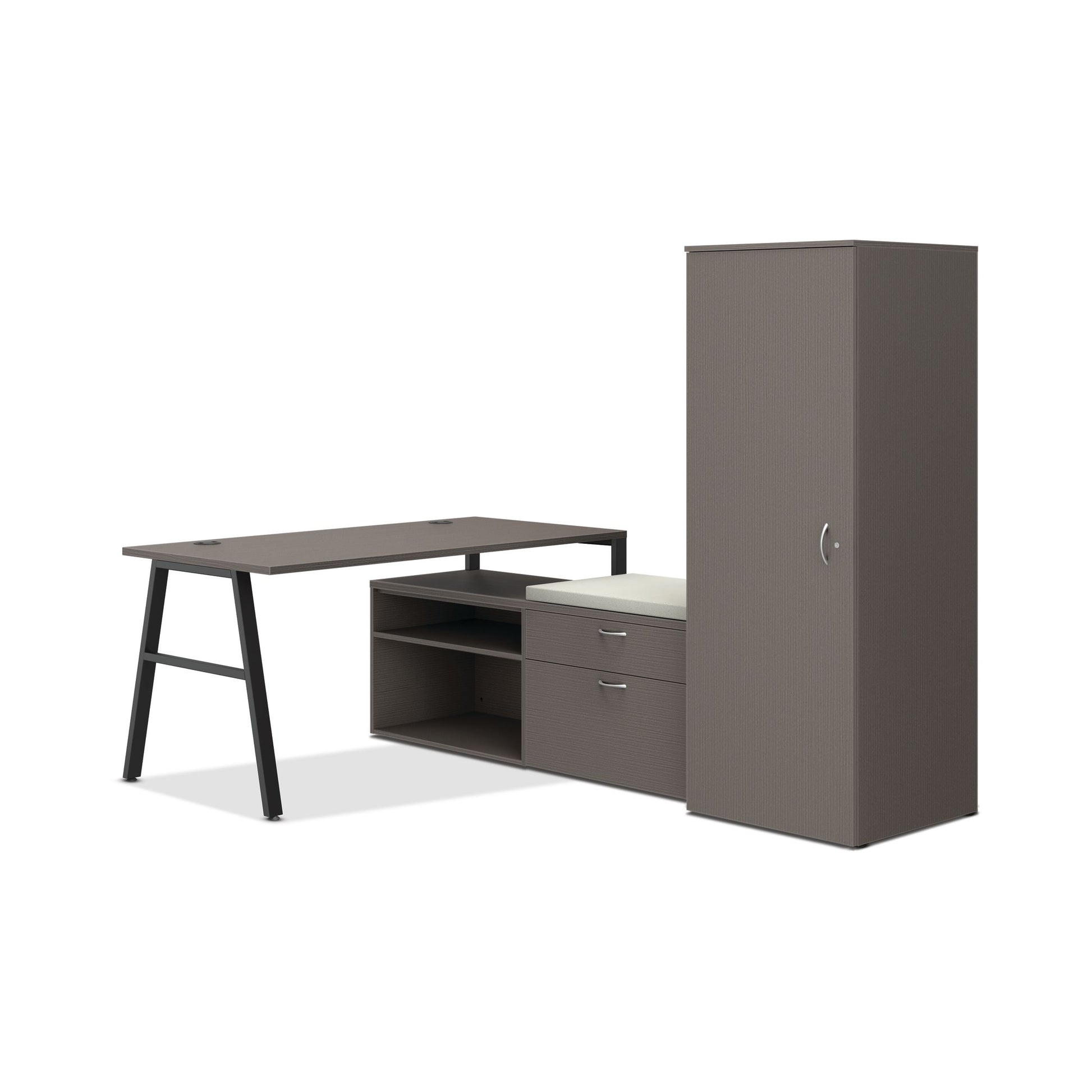 HON Mod small office | 84"W x 60"D | 2 Storage Credenzas | Wardrobe | Black A-Legs | Cool Neutral Credenza Cushion | Slate Teak Laminate