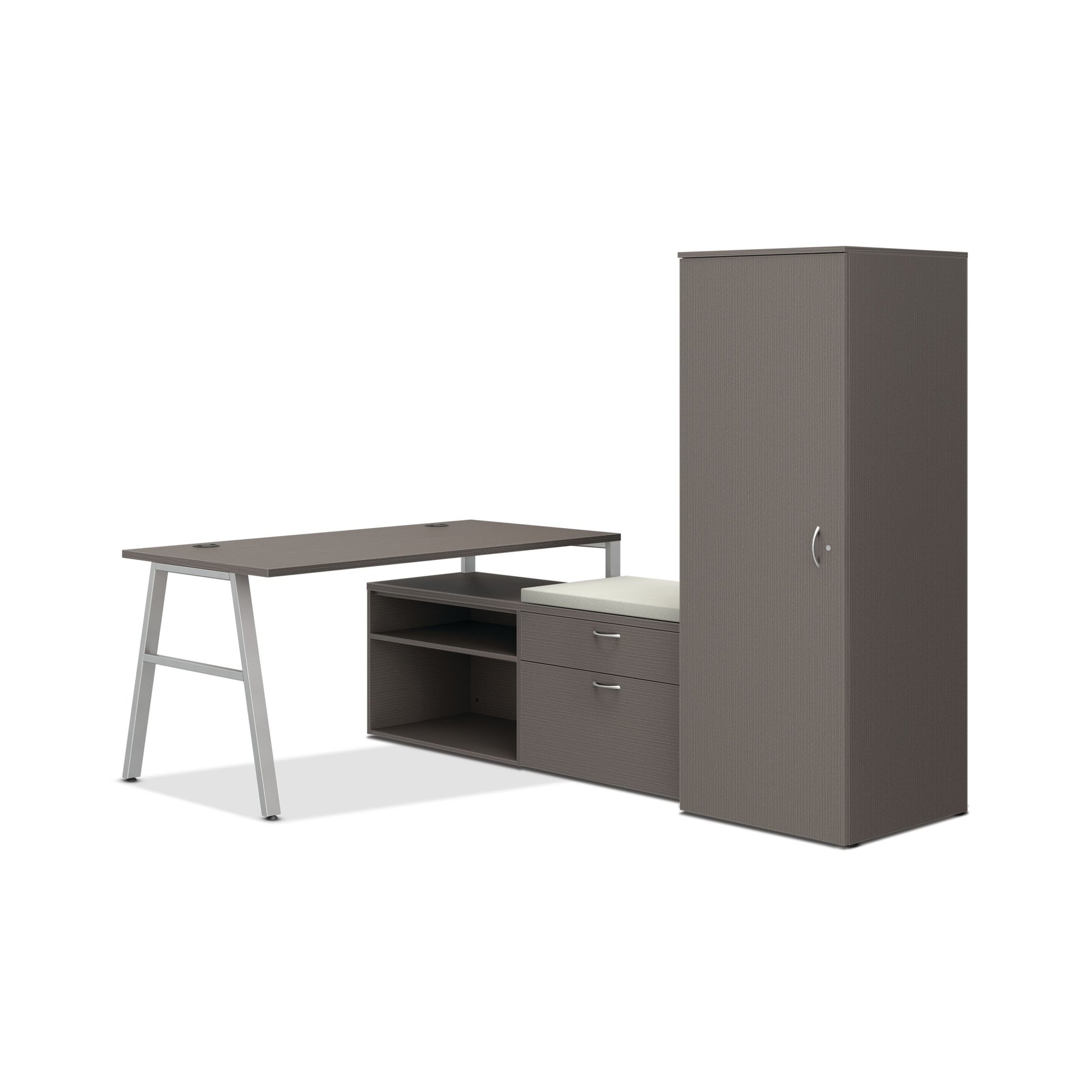 HON Mod small office | 84"W x 60"D | 2 Storage Credenzas | Wardrobe | Silver A-Legs | Cool Neutral Credenza Cushion | Slate Teak Laminate