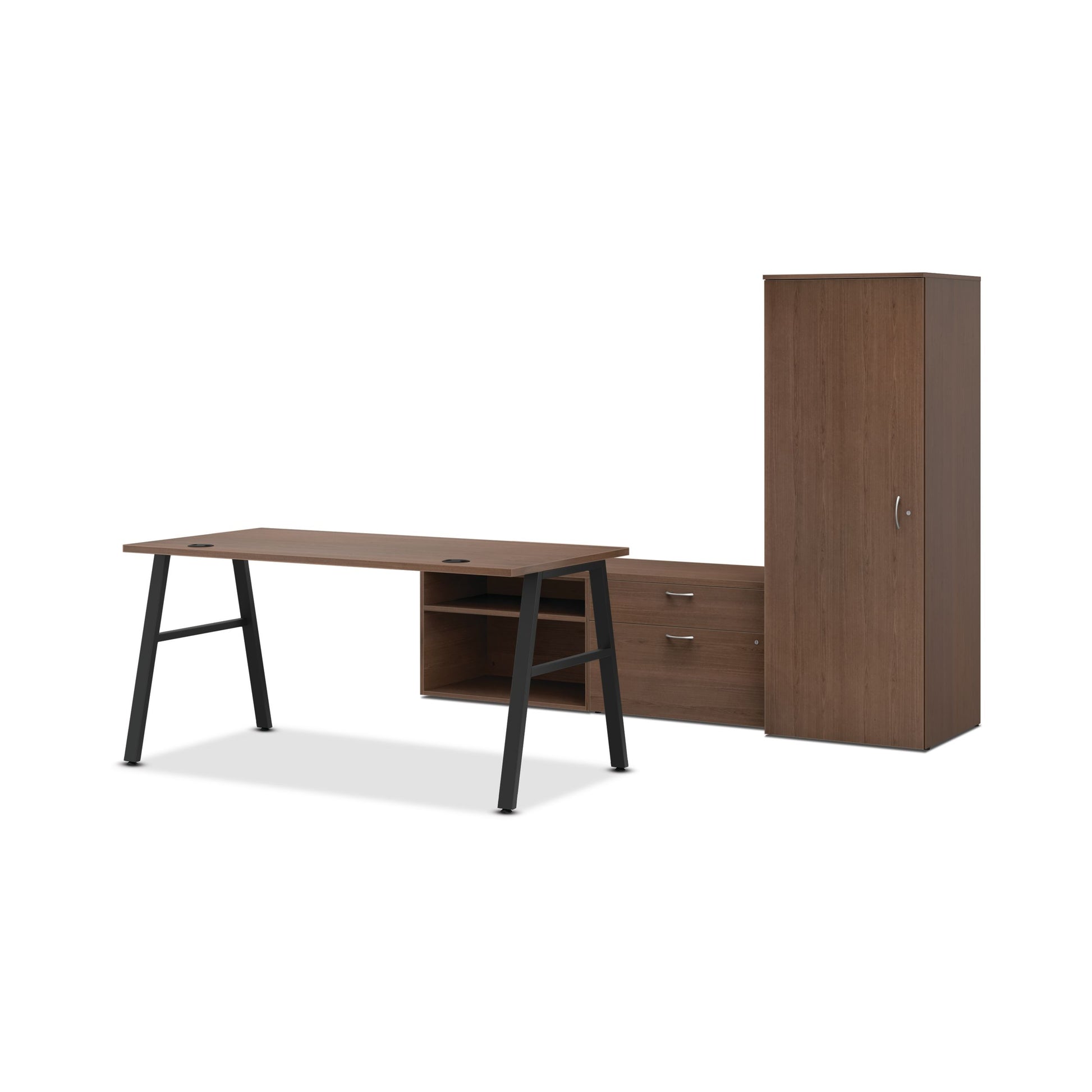 HON Mod Executive Workstation | 84"W x 86"D | Black A-Legs | 2 Storage Credenzas | Wardrobe | Sepia Walnut Laminate