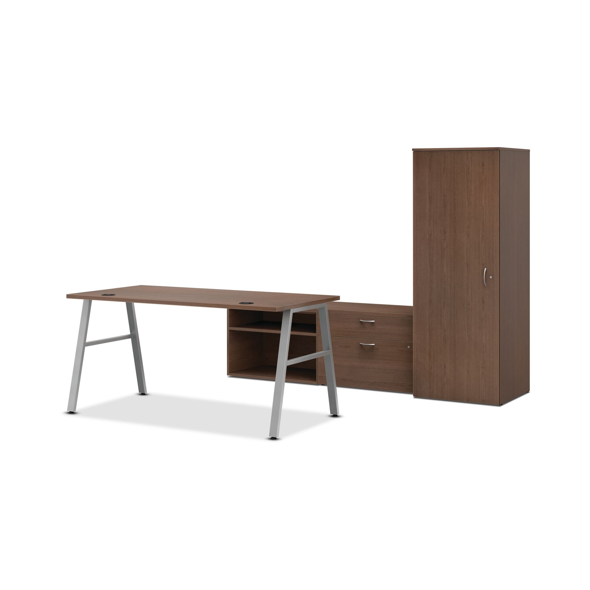 HON Mod Executive Workstation | 84"W x 86"D | Silver A-Legs | 2 Storage Credenzas | Wardrobe | Sepia Walnut Laminate