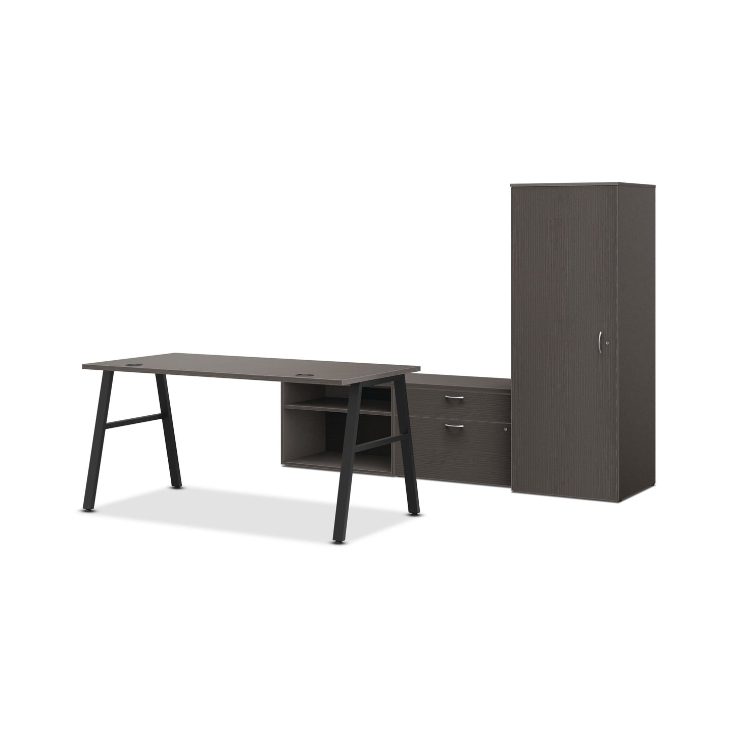HON Mod Executive Workstation | 84"W x 86"D | Black A-Legs | 2 Storage Credenzas | Wardrobe | Slate Teak Laminate