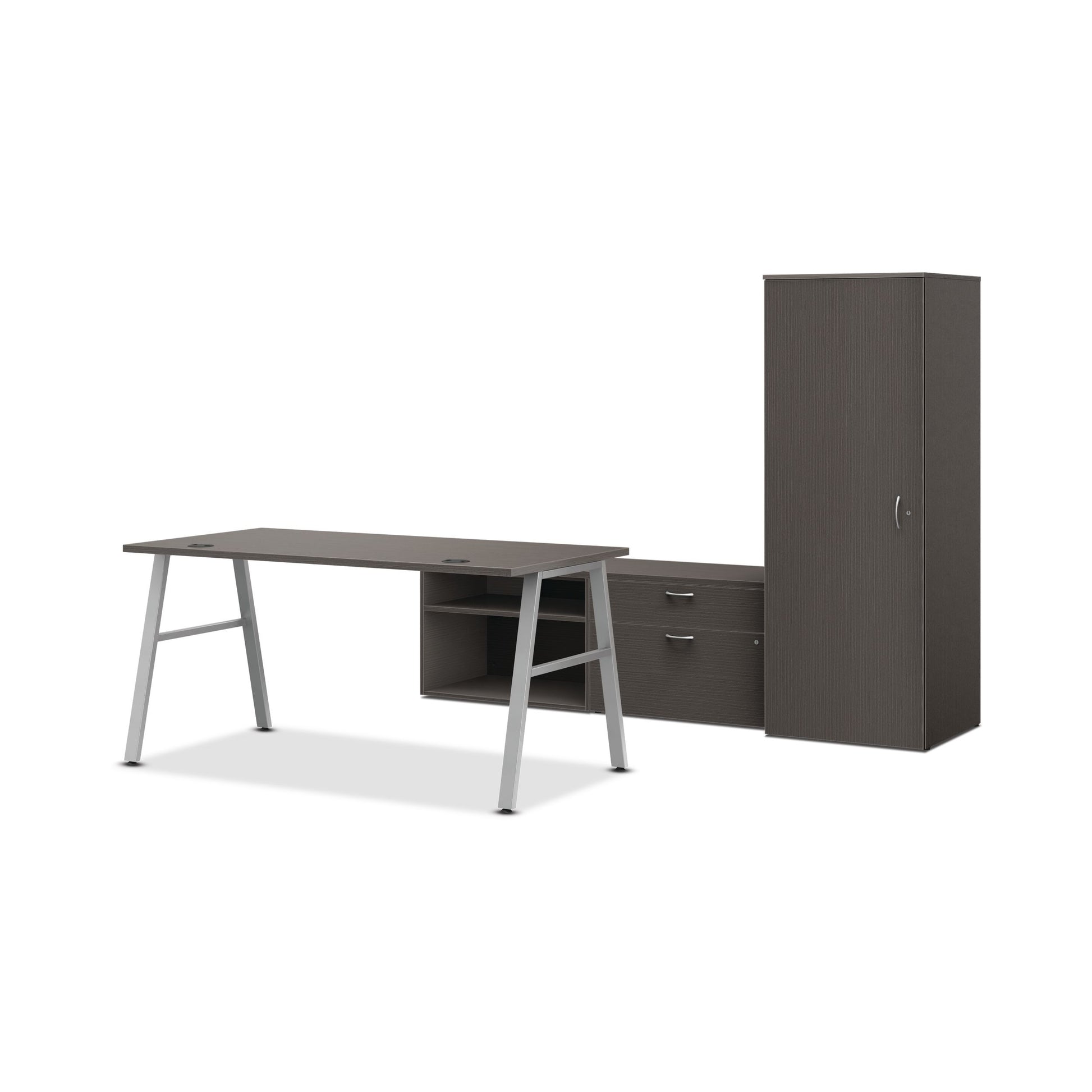 HON Mod Executive Workstation | 84"W x 86"D | Silver A-Legs | 2 Storage Credenzas | Wardrobe | Slate Teak Laminate