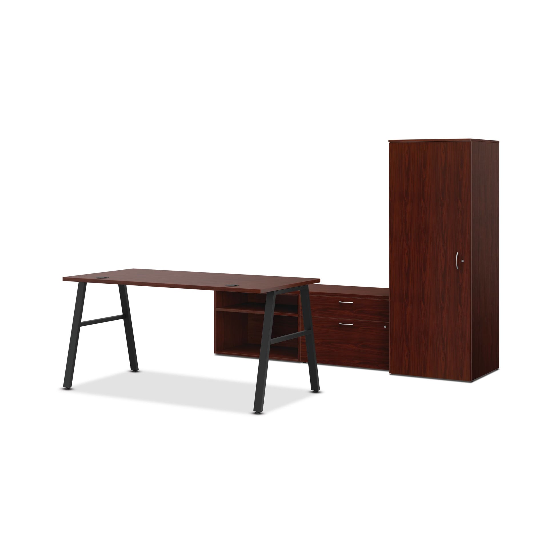 HON Mod Executive Workstation | 84"W x 86"D | Black A-Legs | 2 Storage Credenzas | Wardrobe | Traditional Mahogany Laminate