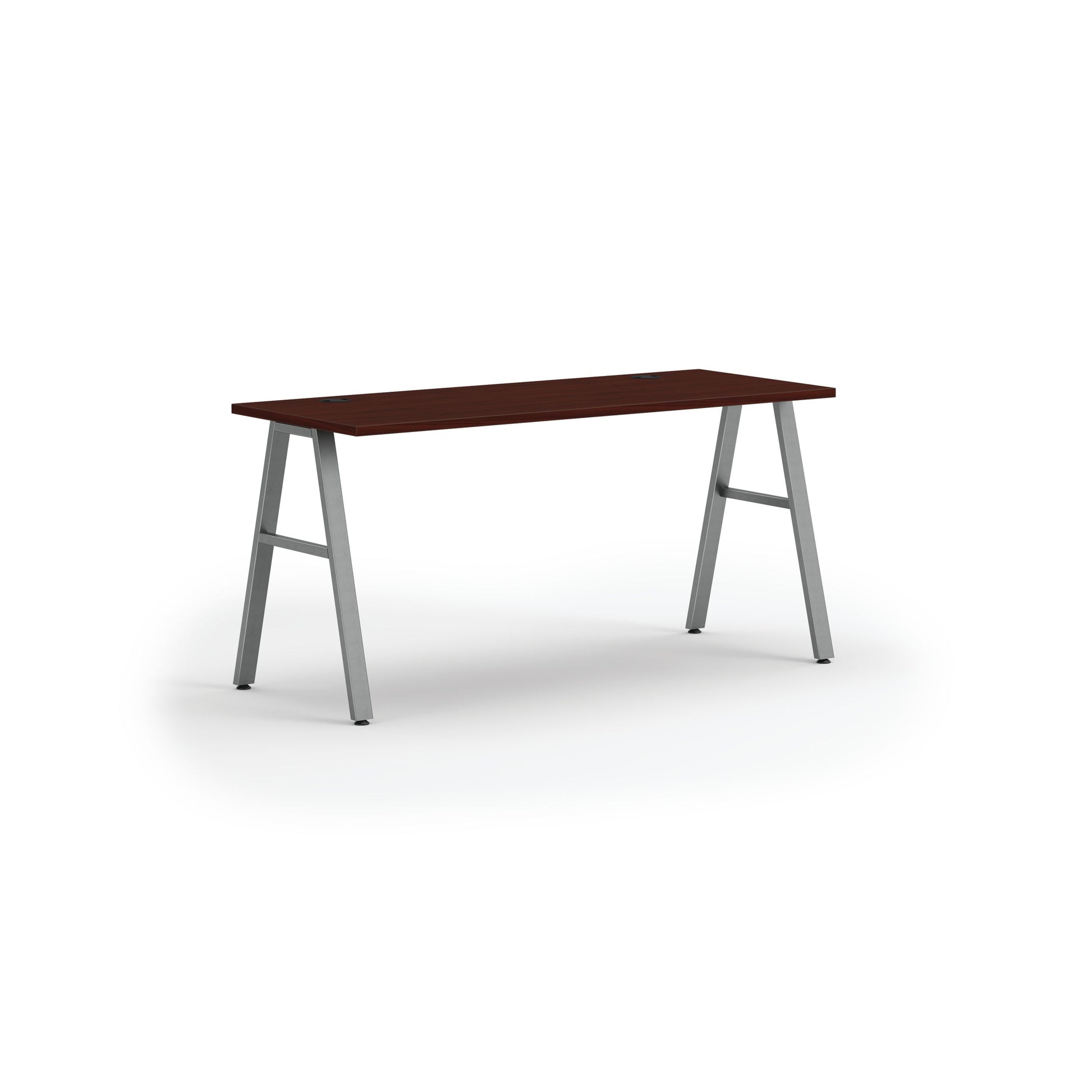 HON Mod Desk | 60"W x 24"D | Silver A-Leg Base | Traditional Mahogany Laminate