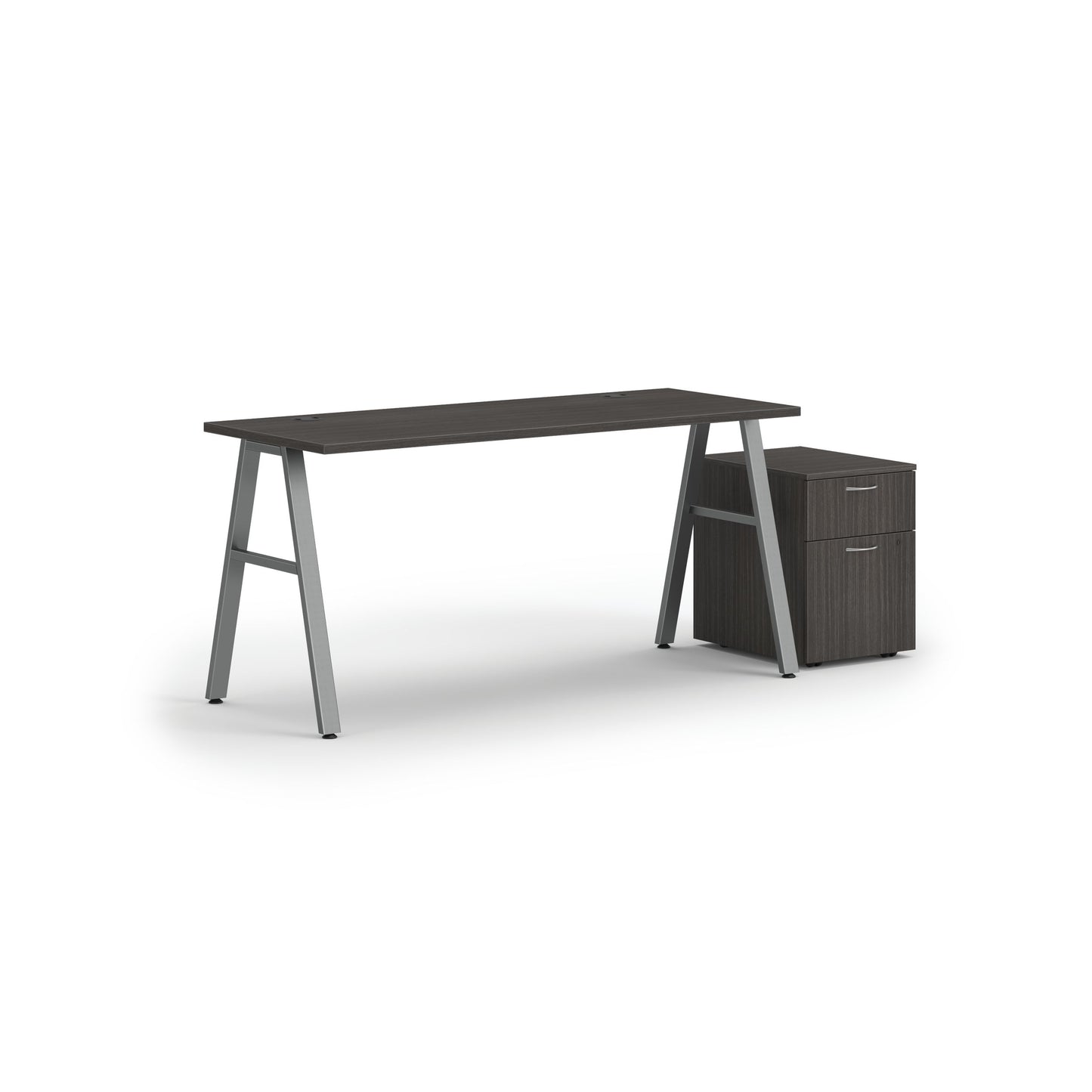 HON Mod Desk with Storage | 1 Box Drawer / 1 File Drawer | 60"W x 24"D | Silver A-Leg Base | Slate Teak Laminate