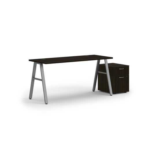 HON Mod Desk with Storage | 1 Box Drawer / 1 File Drawer | 60"W x 24"D | Silver A-Leg Base | Java Oak Laminate