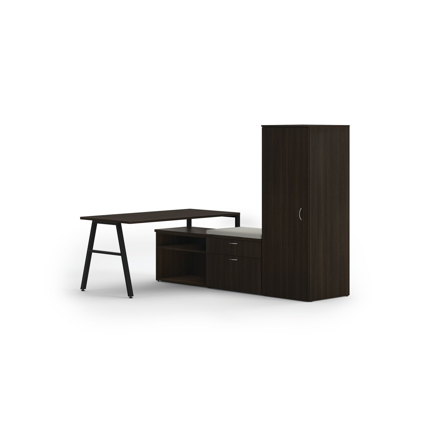 HON Mod small office | 84"W x 60"D | 2 Storage Credenzas | Wardrobe | Black A-Legs | Cool Neutral Credenza Cushion | Java Oak Laminate