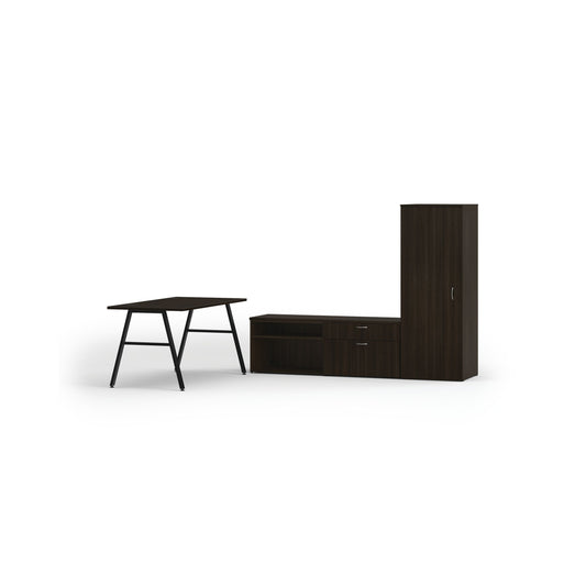 HON Mod Executive Workstation | 84"W x 86"D | Black A-Legs | 2 Storage Credenzas | Wardrobe | Java Oak Laminate