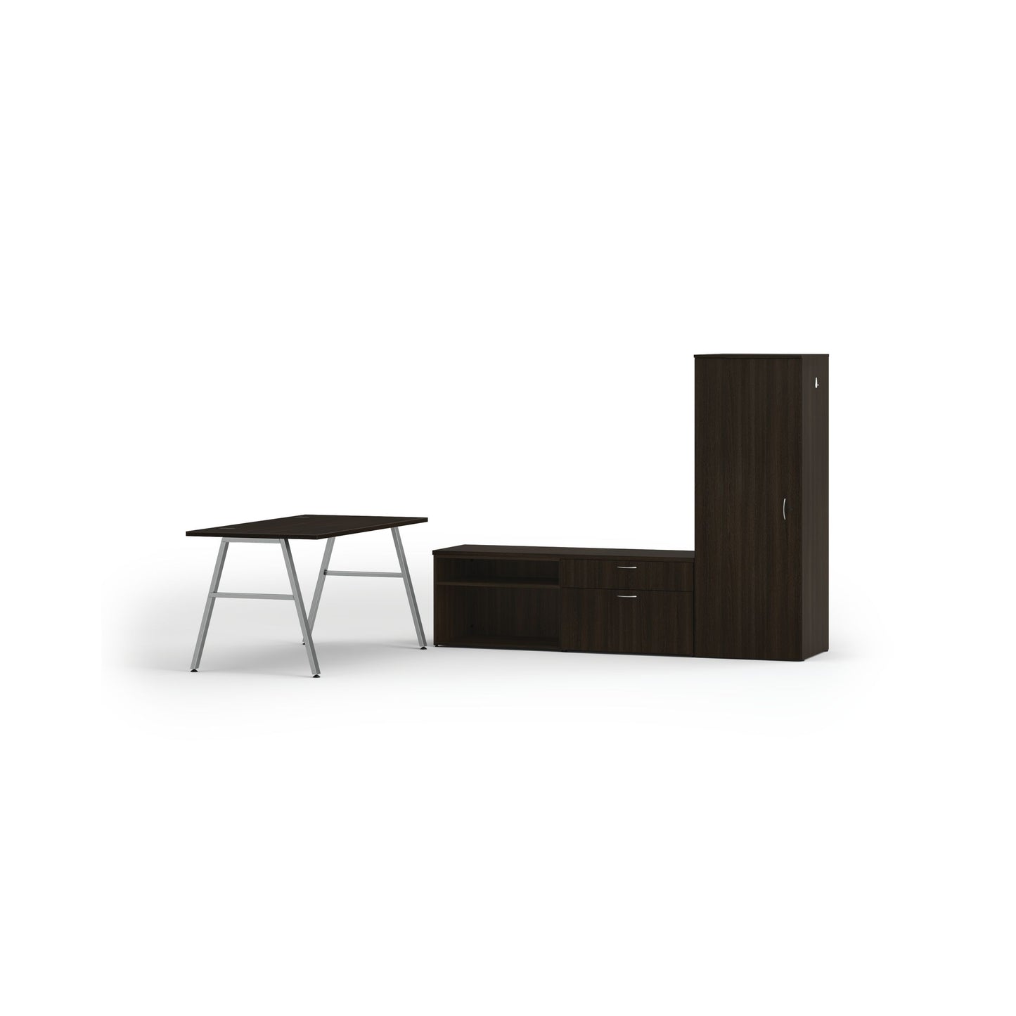 HON Mod Executive Workstation | 84"W x 86"D | Silver A-Legs | 2 Storage Credenzas | Wardrobe | Java Oak Laminate