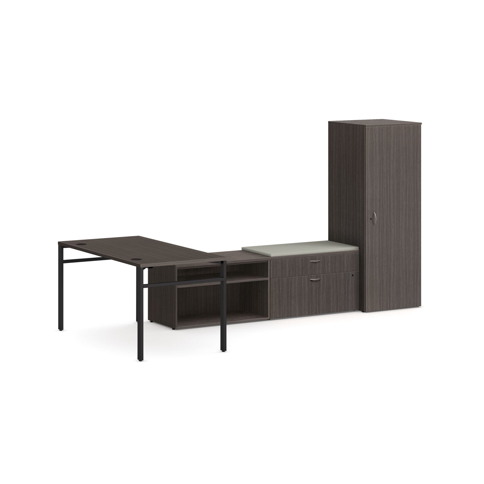 HON Mod L-Station with Storage | Java Oak Laminate | Cool Neutral Fabric | Black U-Leg