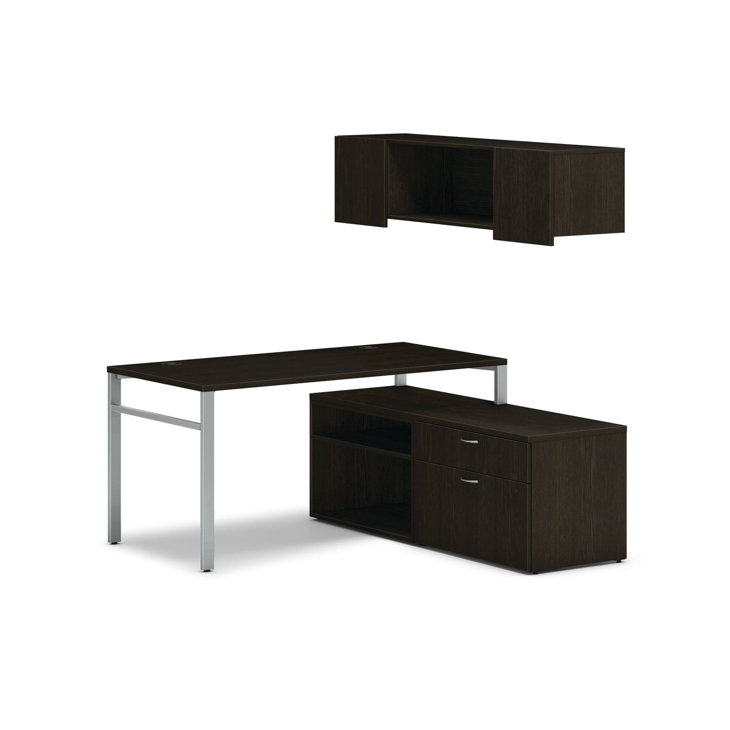 HON Mod Workstation with Wall Mount Storage | 60"W x 60"D | Silver U-Legs | 2 Storage Credenzas | Java Oak Laminate