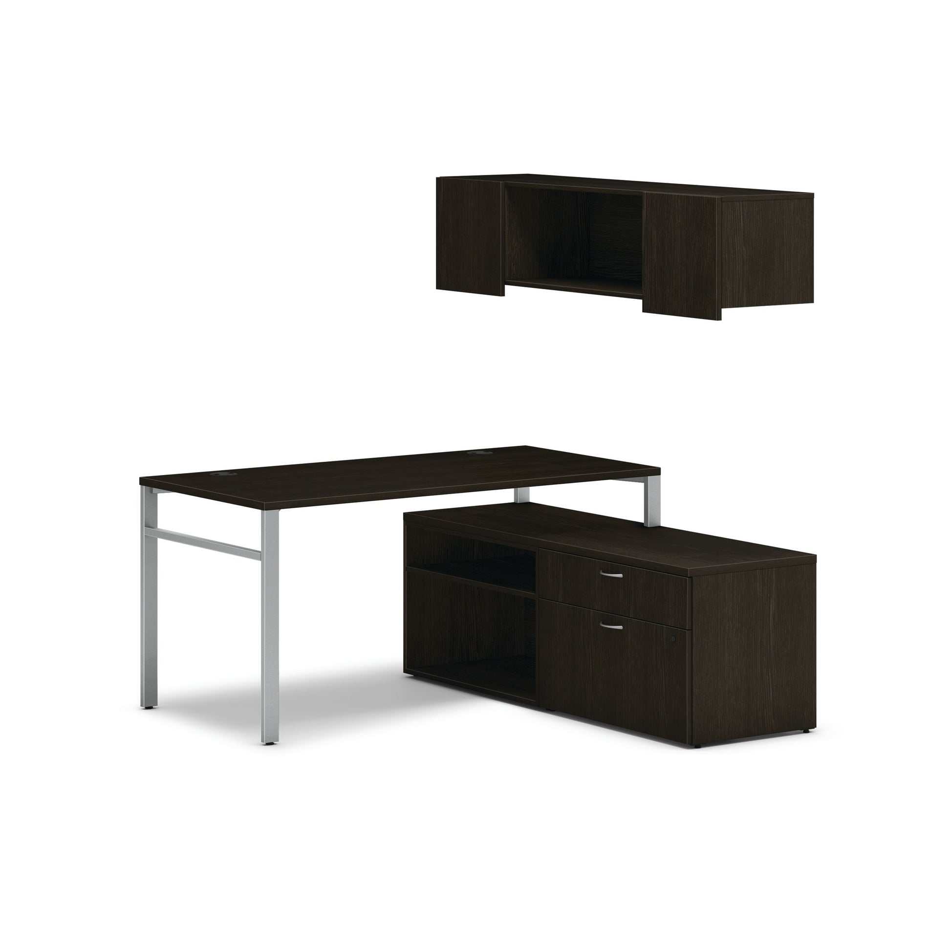 HON Mod Workstation with Wall Mount Storage | 60"W x 60"D | Silver U-Legs | 2 Storage Credenzas | Java Oak Laminate