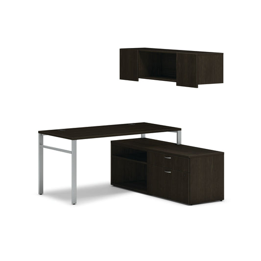 HON Mod Workstation with Wall Mount Storage | 60"W x 60"D | Silver U-Legs | 2 Storage Credenzas | Java Oak Laminate