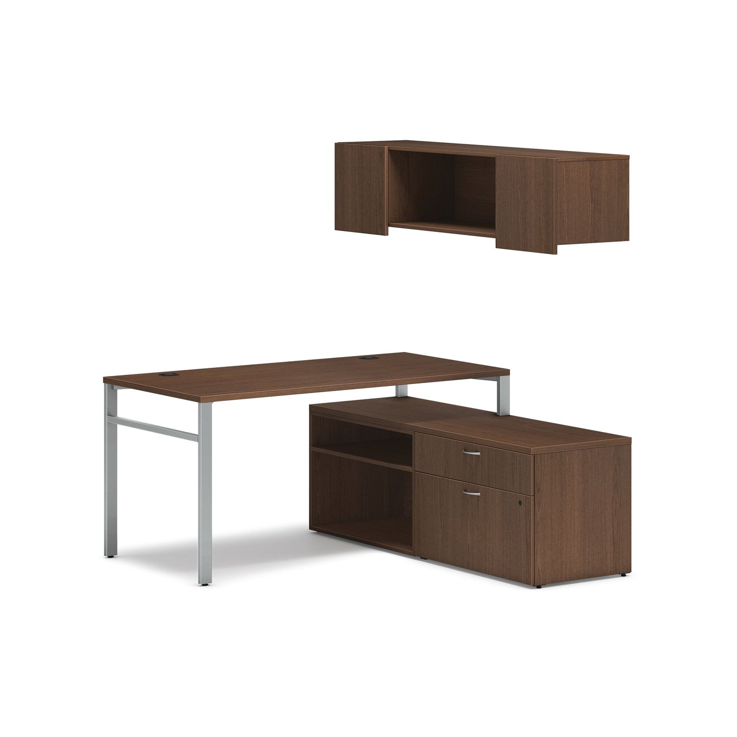HON Mod Workstation with Wall Mount Storage | 60"W x 60"D | Silver U-Legs | 2 Storage Credenzas | Sepia Walnut Laminate