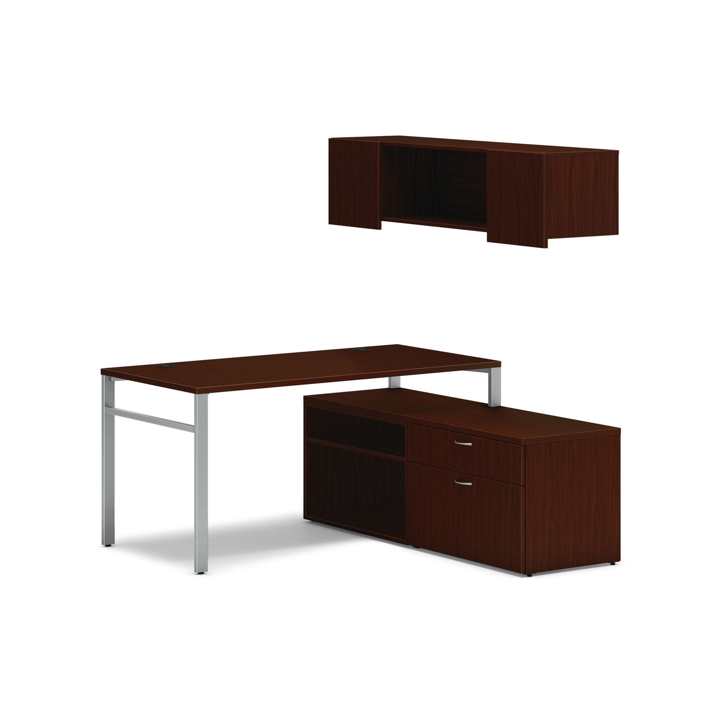 HON Mod Workstation with Wall Mount Storage | 60"W x 60"D | Silver U-Legs | 2 Storage Credenzas | Traditional Mahogany Laminate