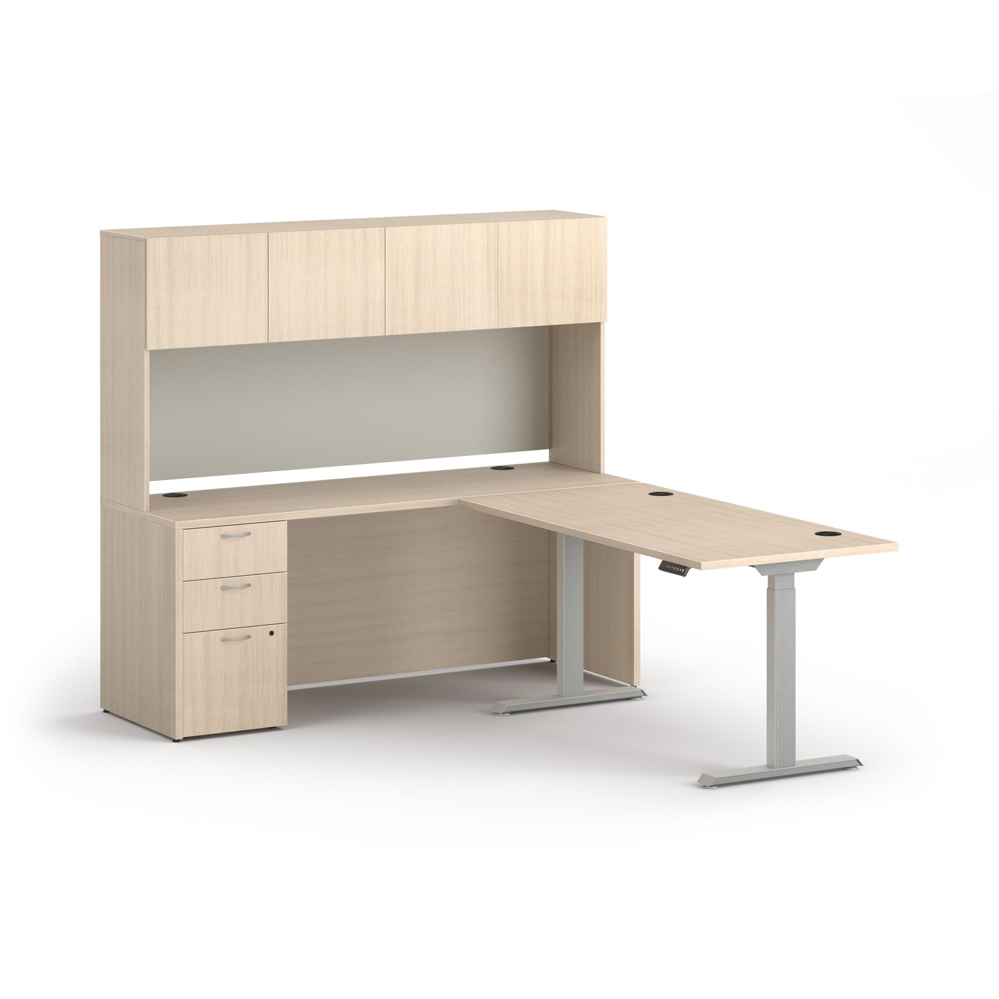 HON Mod Executive Height-Adjustable Workstation with Storage | Desert Oak Laminate | Cool Neutral Fabric | Silver Base