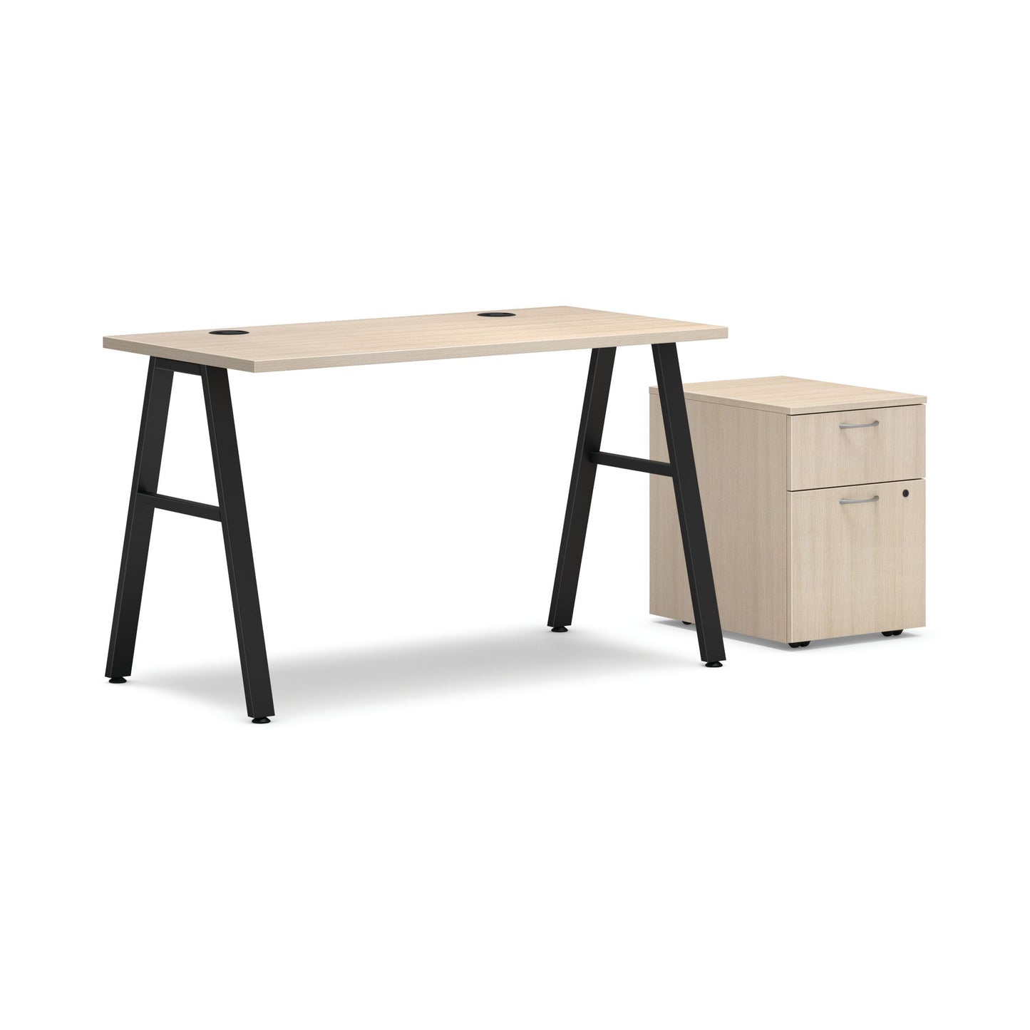HON Mod Desk with Storage | 1 Box Drawer / 1 File Drawer | 48"W x 24"D | Black A-Leg Base | Desert Oak Laminate