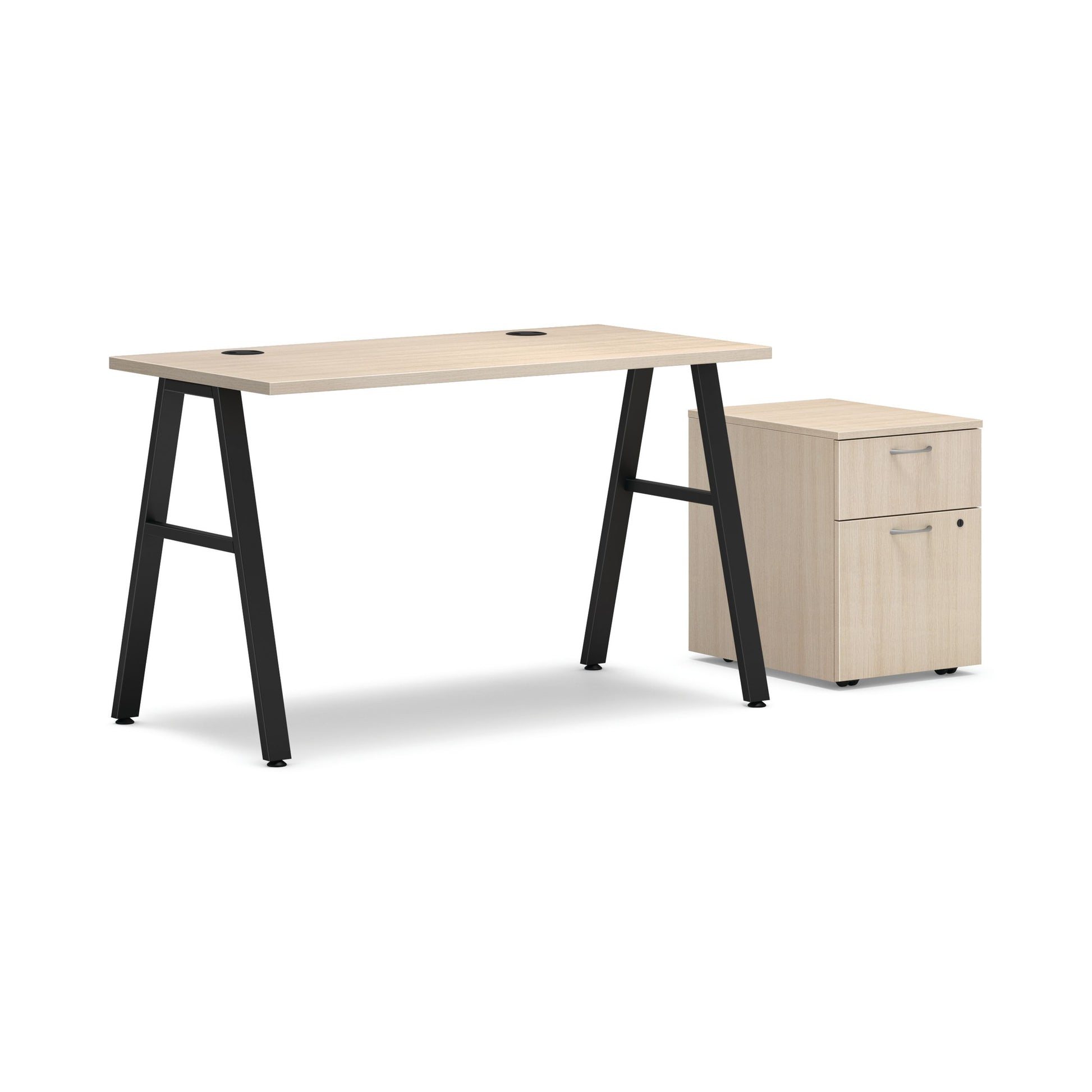 HON Mod Desk with Storage | 1 Box Drawer / 1 File Drawer | 48"W x 24"D | Black A-Leg Base | Desert Oak Laminate