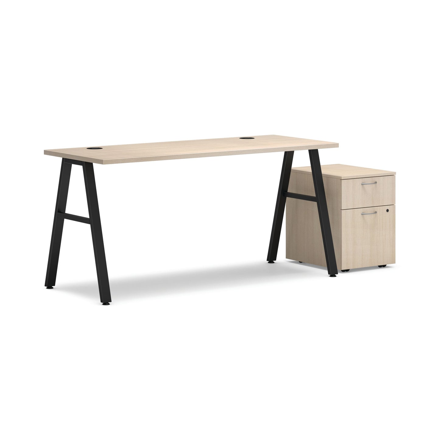 HON Mod Desk with Storage | 1 Box Drawer / 1 File Drawer | 60"W x 24"D | Black A-Leg Base | Desert Oak Laminate