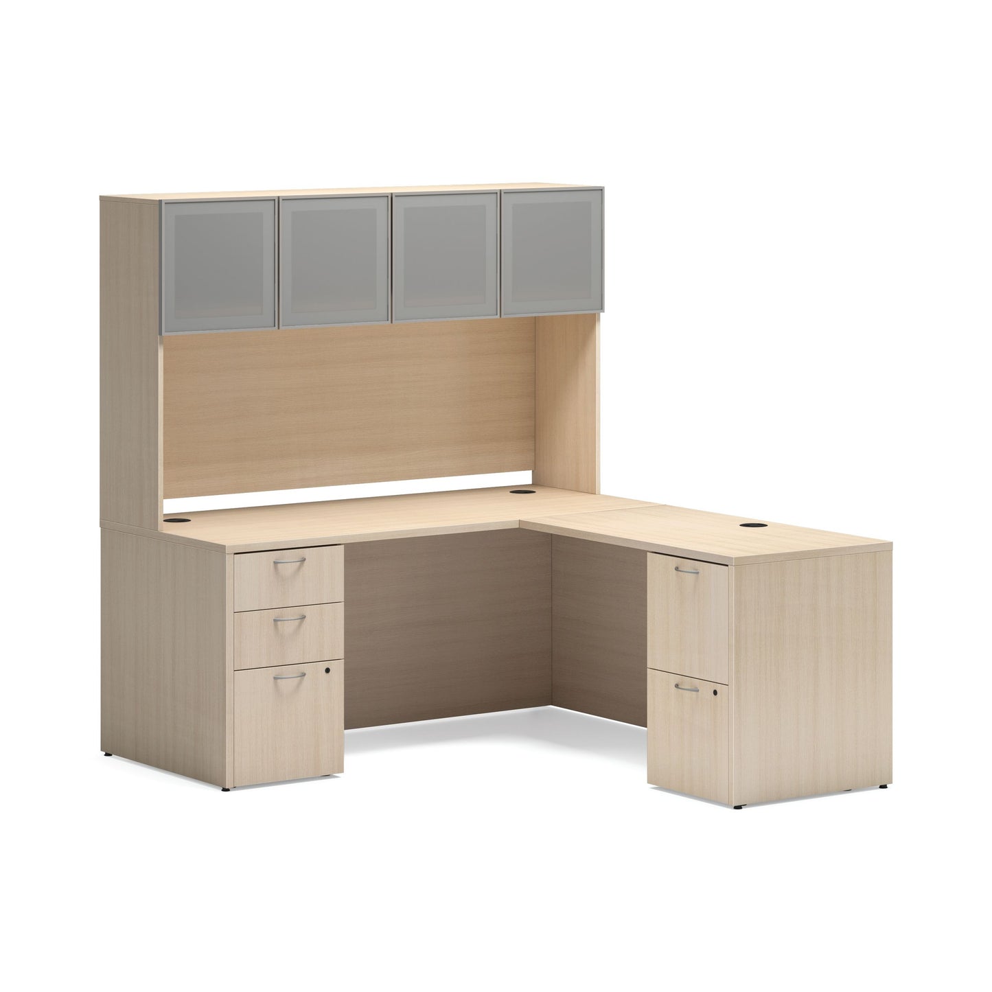 HON Mod L-Station with Storage Hutch | 66"W x 72"D | 2 Support Pedestals | Desert Oak Laminate