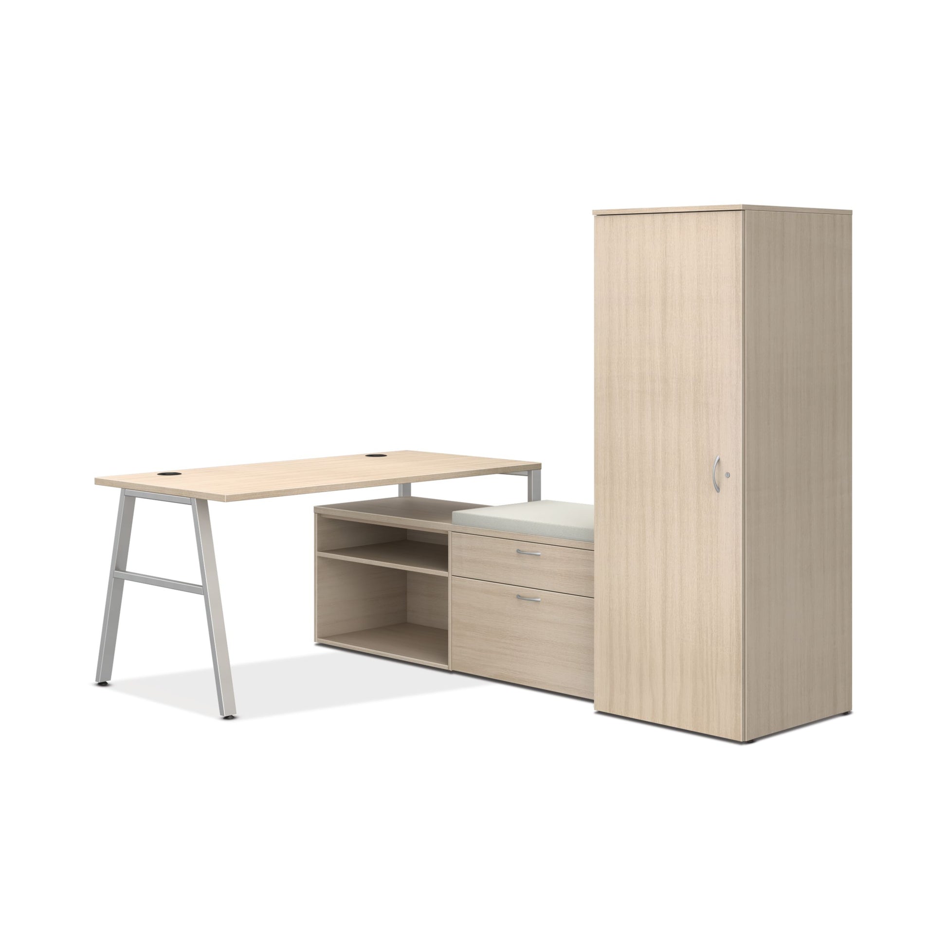 HON Mod small office | 84"W x 60"D | 2 Storage Credenzas | Wardrobe | Silver A-Legs | Cool Neutral Credenza Cushion | Desert Oak Laminate