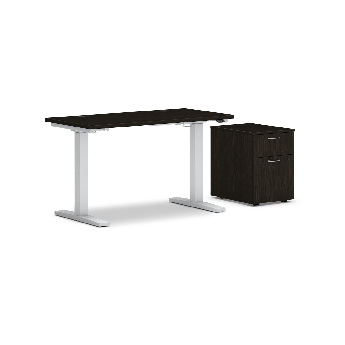 HON Mod Height-Adjustable Desk with Storage | 1 Box Drawer / 1 File Drawer | 48"W x 24"D | 2-Stage Base | Java Oak Laminate