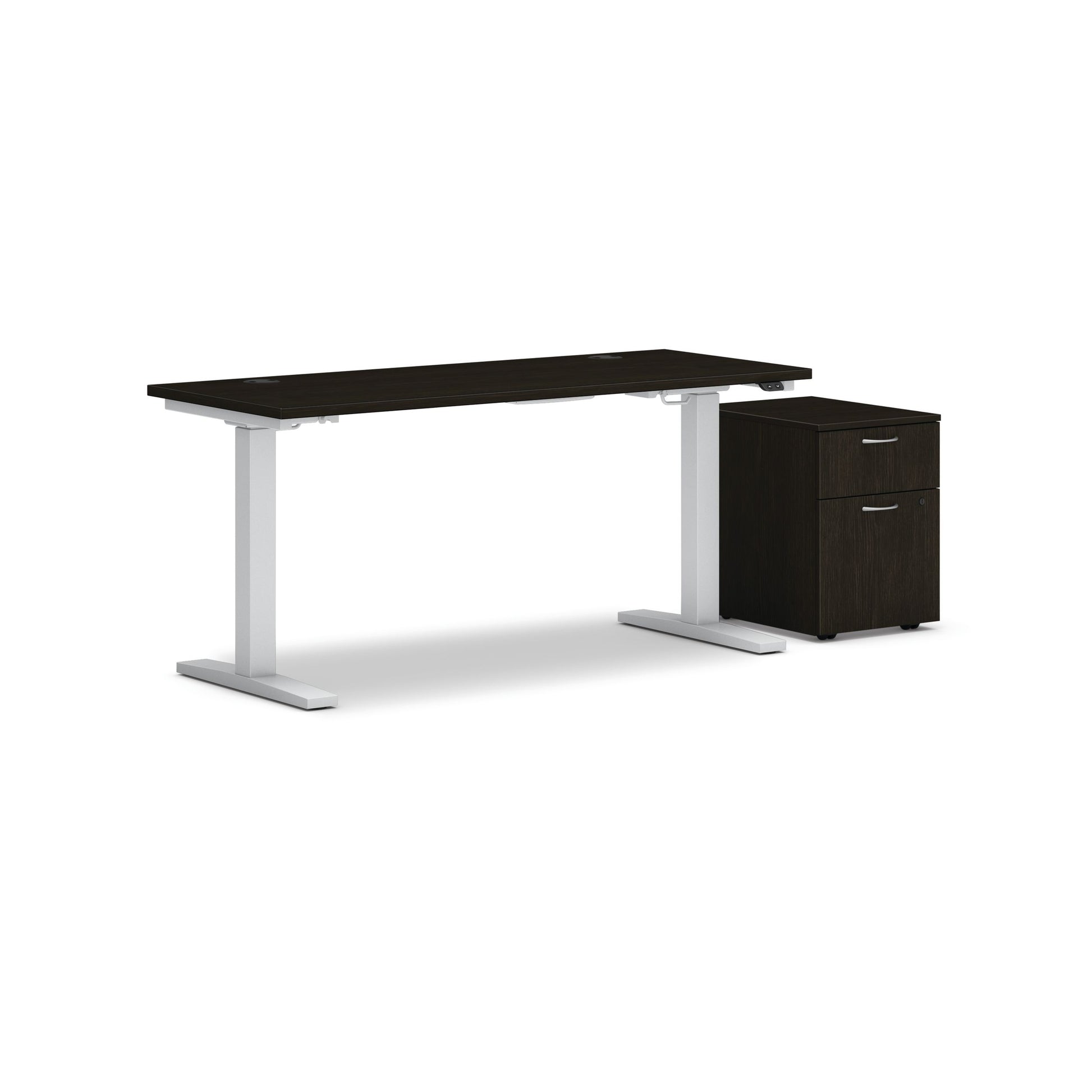 HON Mod Height-Adjustable Desk with Storage | 1 Box Drawer / 1 File Drawer | 60"W x 24"D | ETA Base | Java Oak Laminate