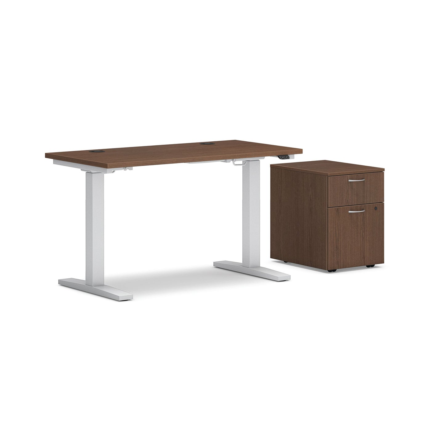 HON Mod Height-Adjustable Desk with Storage | 1 Box Drawer / 1 File Drawer | 48"W x 24"D | ETA Base | Sepia Walnut Laminate