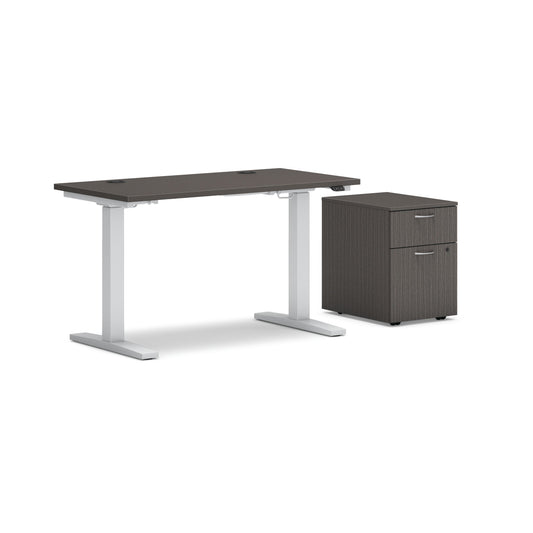 HON Mod Height-Adjustable Desk with Storage | 1 Box Drawer / 1 File Drawer | 48"W x 24"D | ETA Base | Slate Teak Laminate