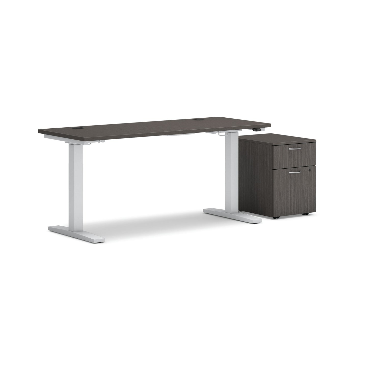 HON Mod Height-Adjustable Desk with Storage | 1 Box Drawer / 1 File Drawer | 60"W x 24"D | ETA Base | Slate Teak Laminate