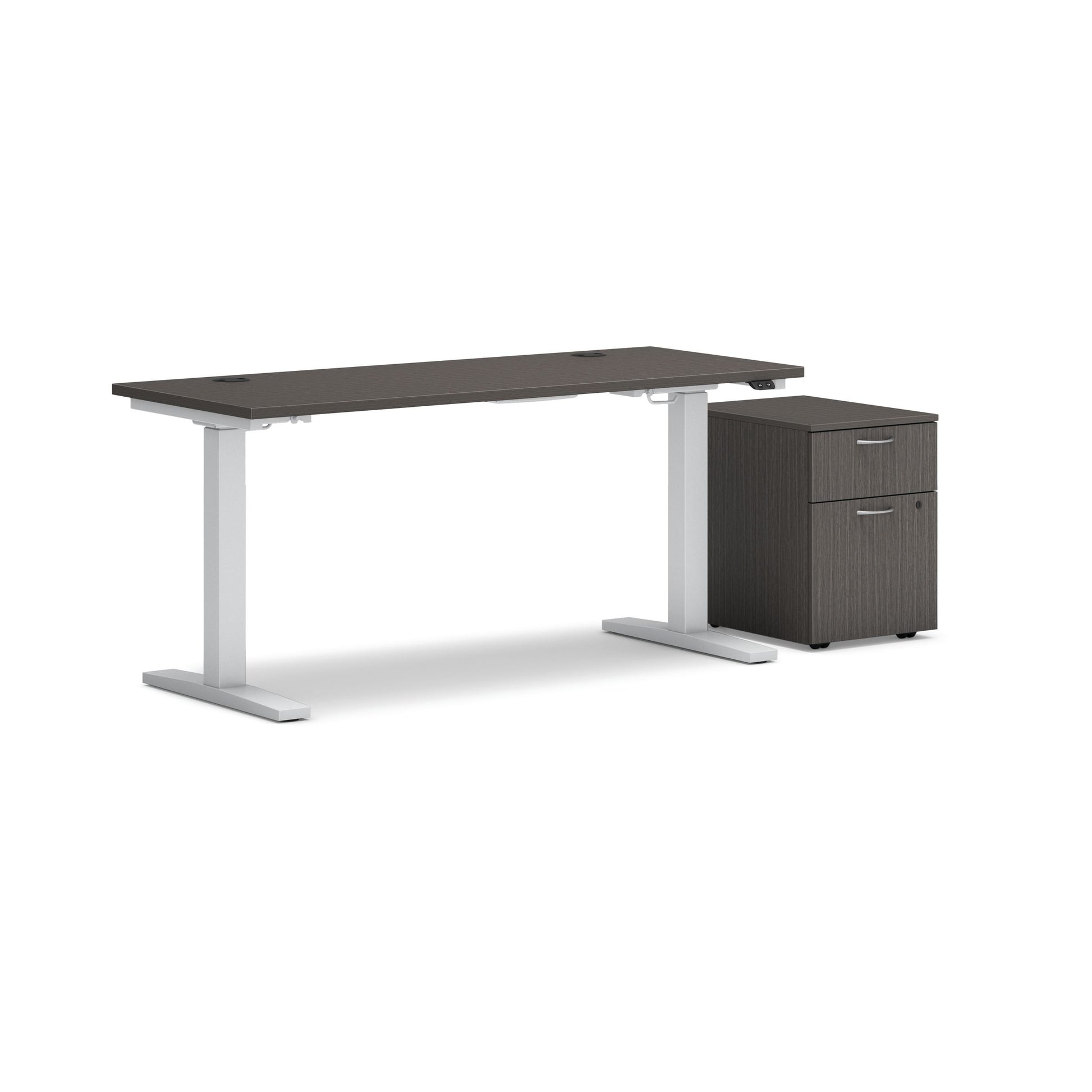 HON Mod Height-Adjustable Desk with Storage | 1 Box Drawer / 1 File Drawer | 60"W x 24"D | ETA Base | Slate Teak Laminate