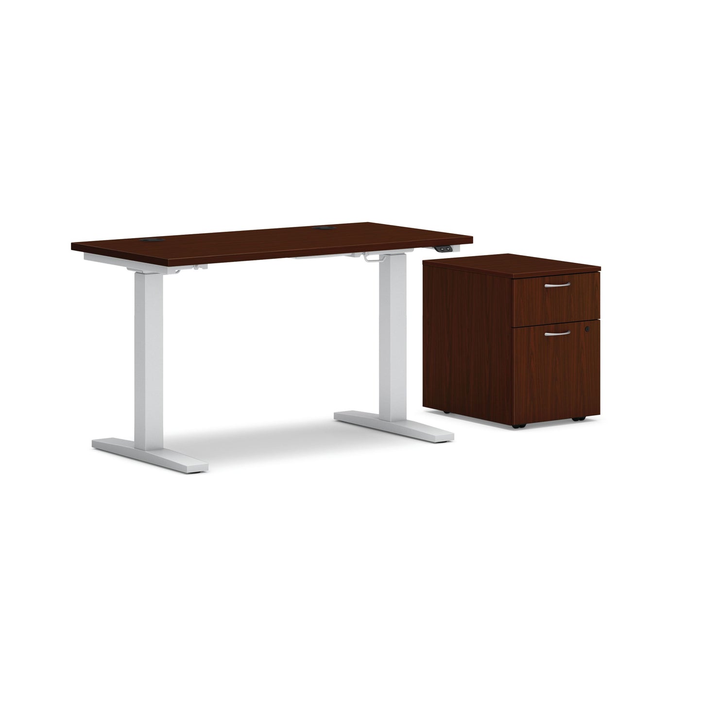 HON Mod Height-Adjustable Desk with Storage | 1 Box Drawer / 1 File Drawer | 48"W x 24"D | ETA Base | Traditional Mahogany Laminate