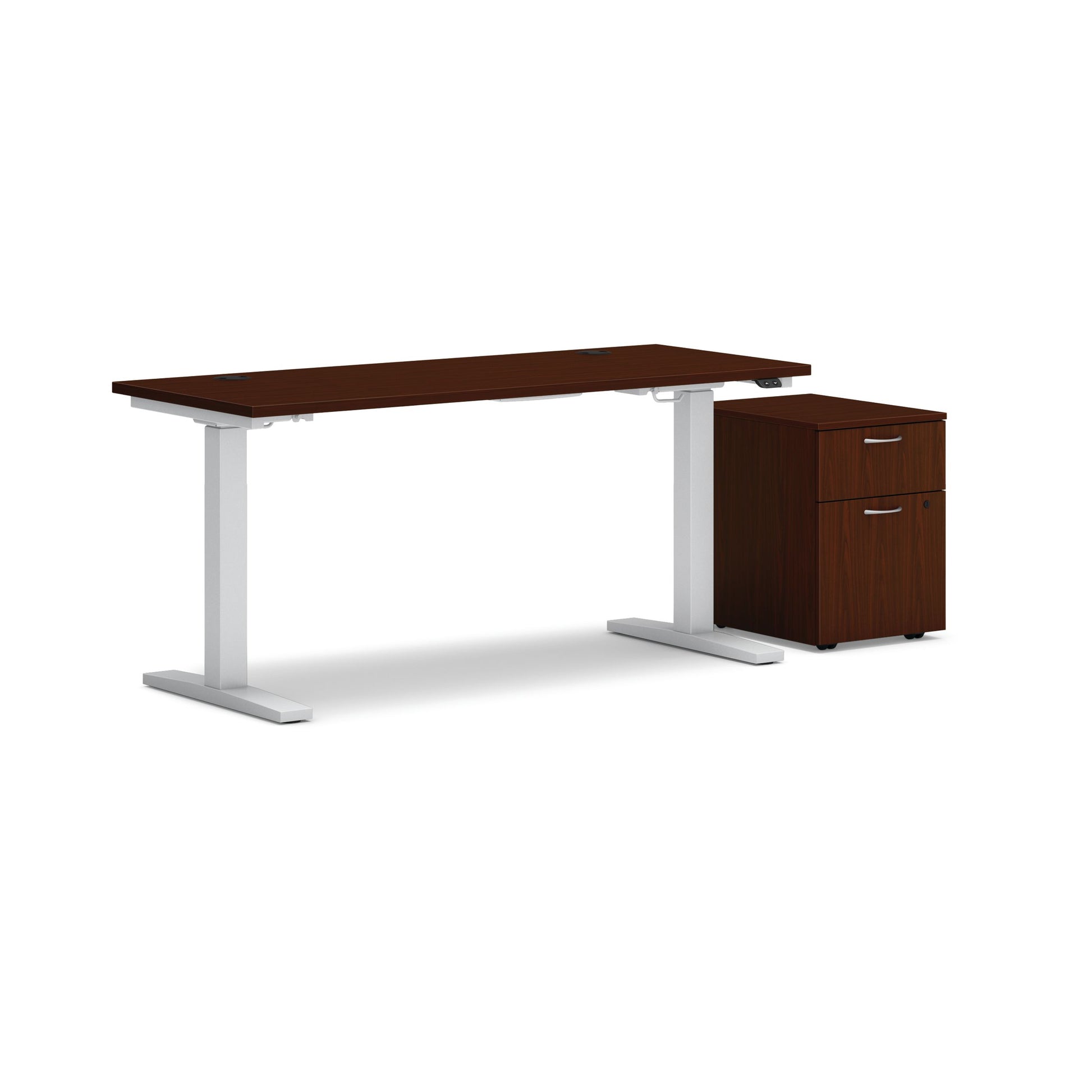 HON Mod Height-Adjustable Desk with Storage | 1 Box Drawer / 1 File Drawer | 60"W x 24"D | ETA Base | Traditional Mahogany Laminate