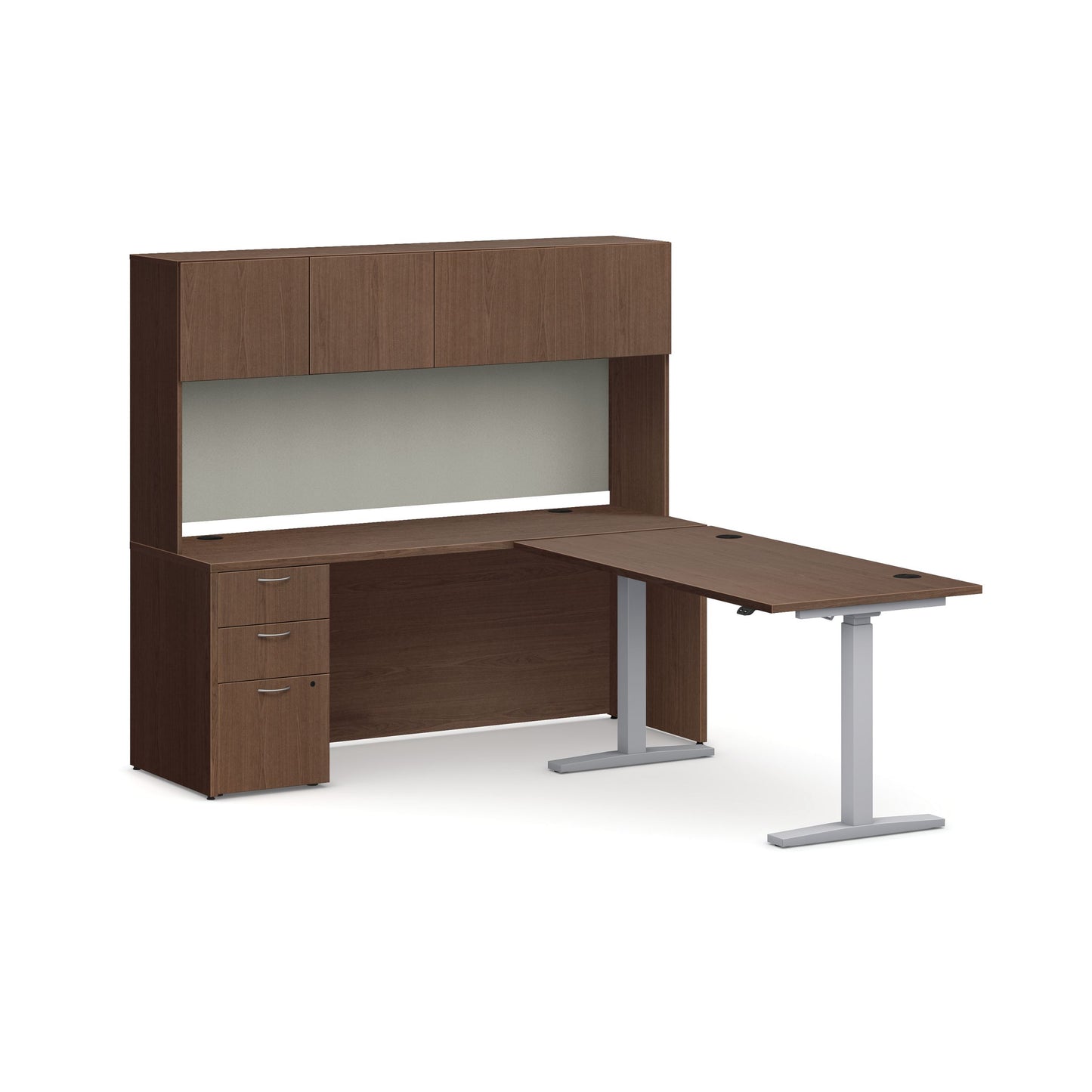 HON Mod Executive Height-Adjustable Workstation with Storage | Sepia Walnut Laminate | Cool Neutral Fabric | Silver Base