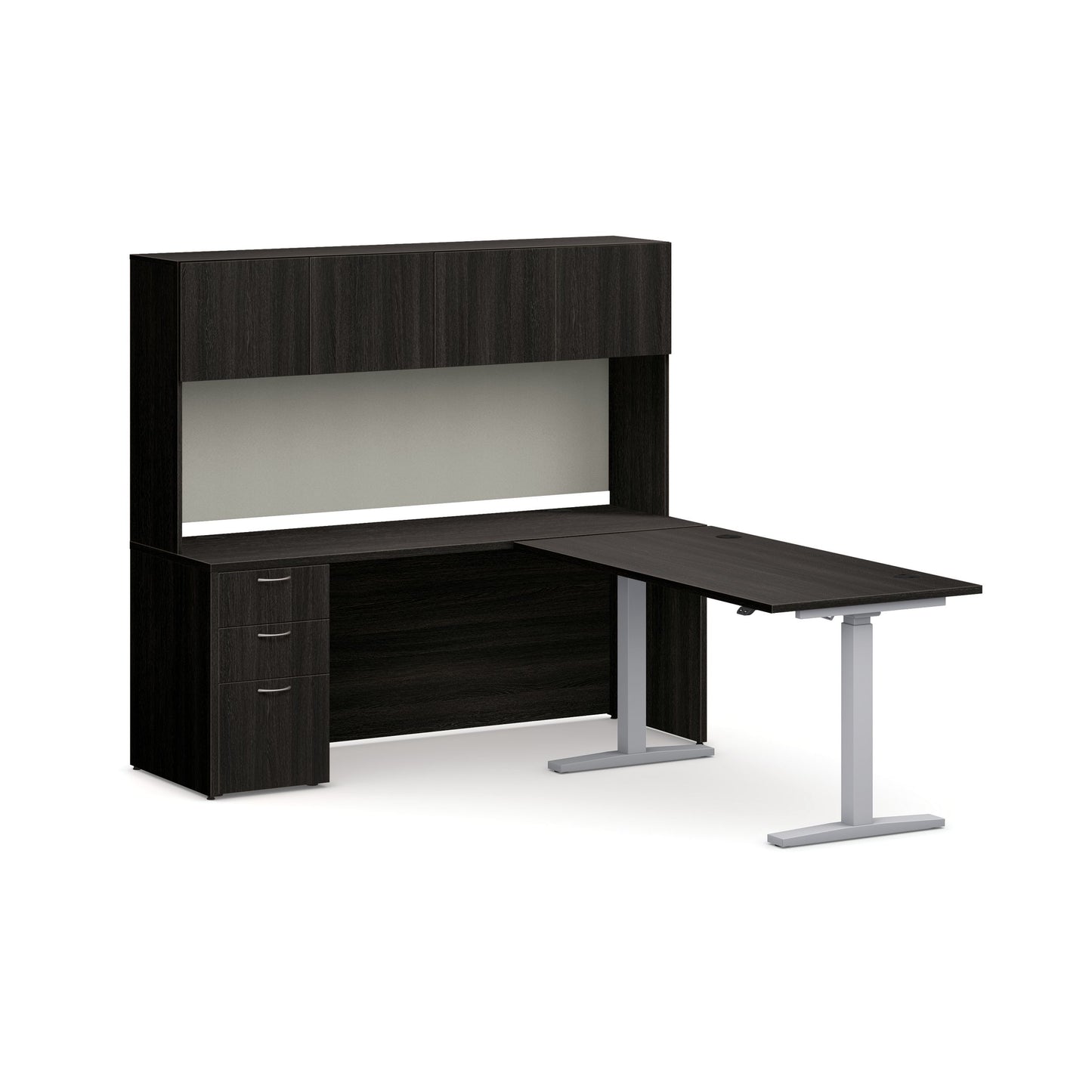 HON Mod Executive Height-Adjustable Workstation with Storage | Java Oak Laminate | Cool Neutral Fabric | Silver Base