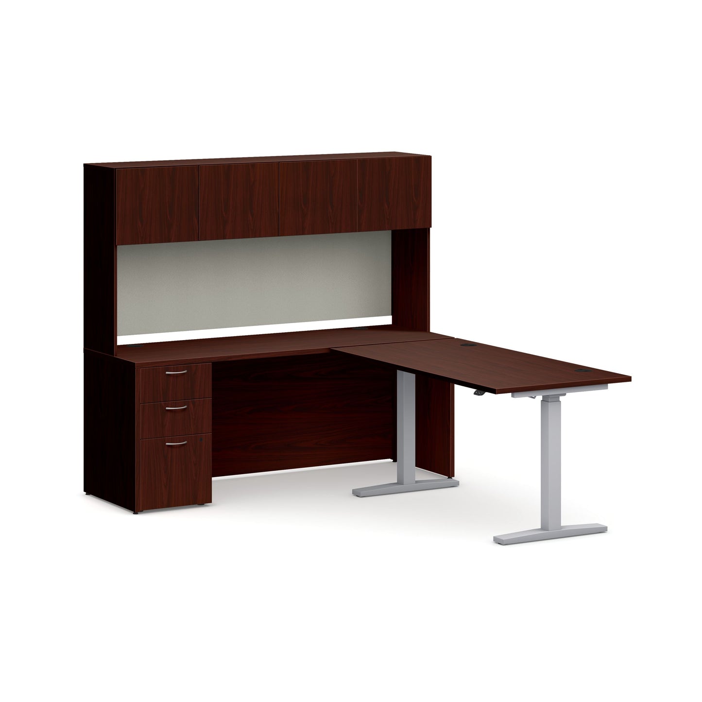 HON Mod Executive Height-Adjustable Workstation with Storage | Traditional Mahogany Laminate | Cool Neutral Fabric | Silver Base