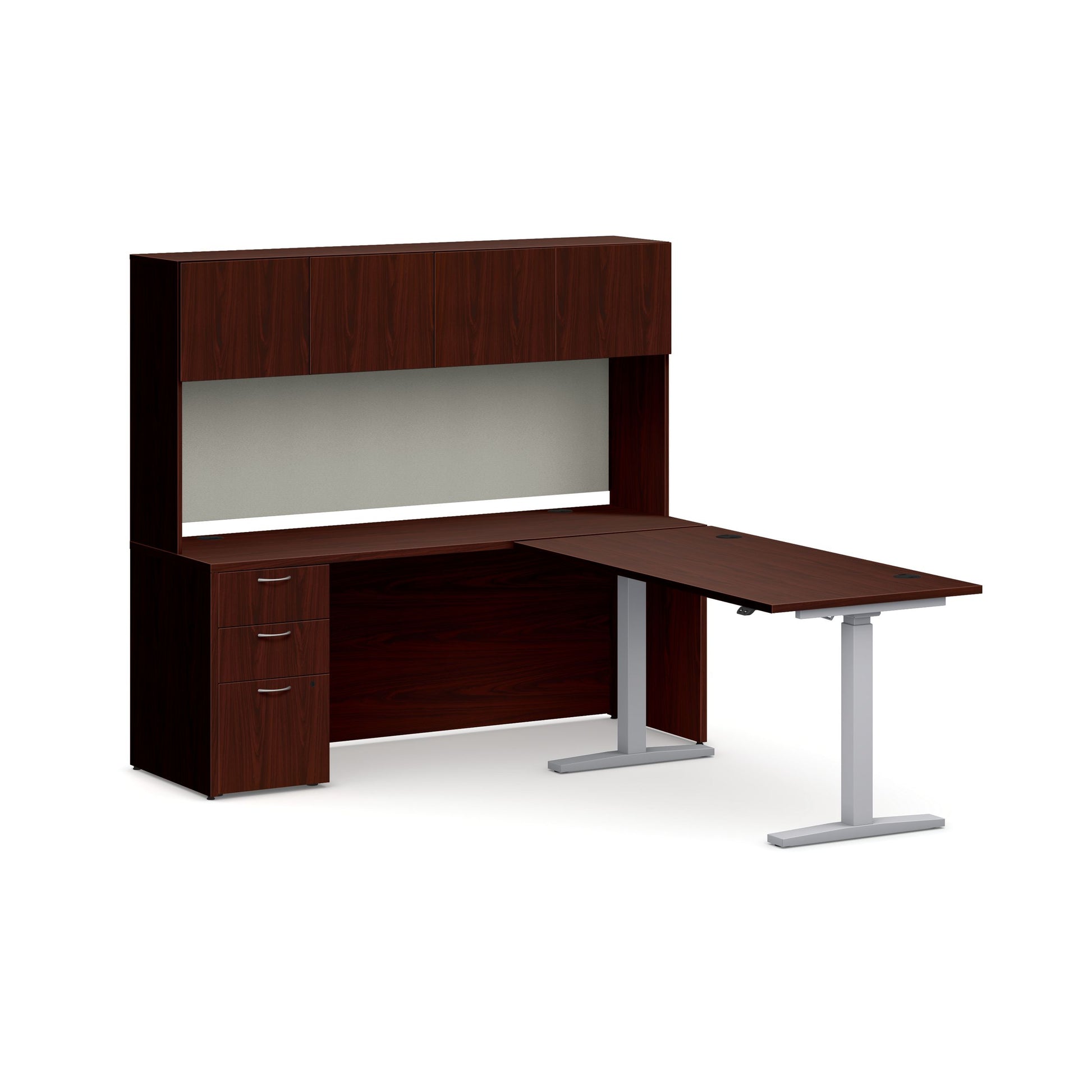 HON Mod Executive Height-Adjustable Workstation with Storage | Traditional Mahogany Laminate | Cool Neutral Fabric | Silver Base
