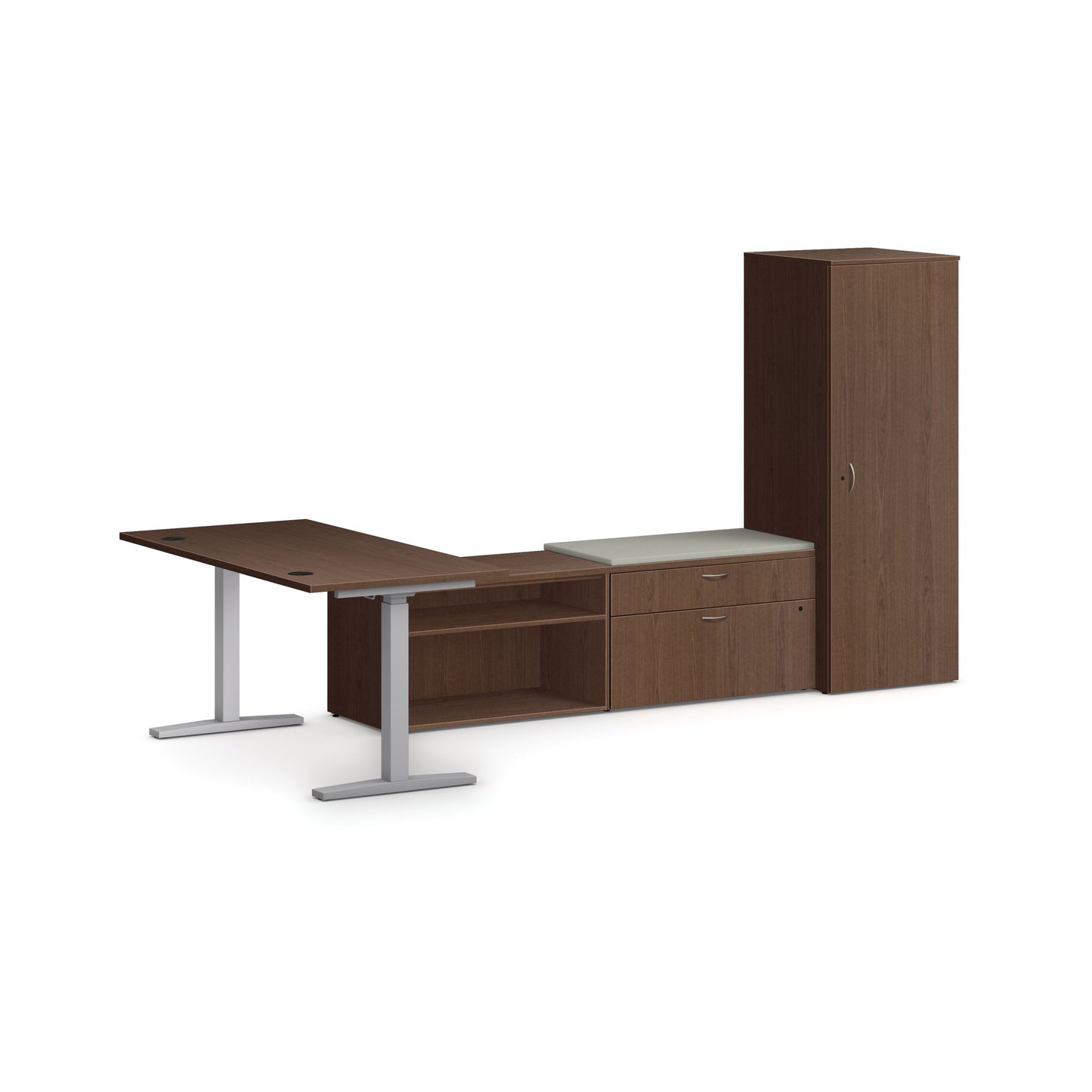 HON Mod Height-Adjustable L-Station with Storage | Sepia Walnut Laminate | Cool Neutral Fabric | Silver Base