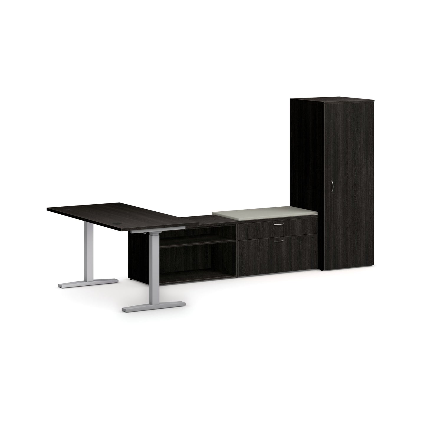 HON Mod Height-Adjustable L-Station with Storage | Java Oak Laminate | Cool Neutral Fabric | Silver Base