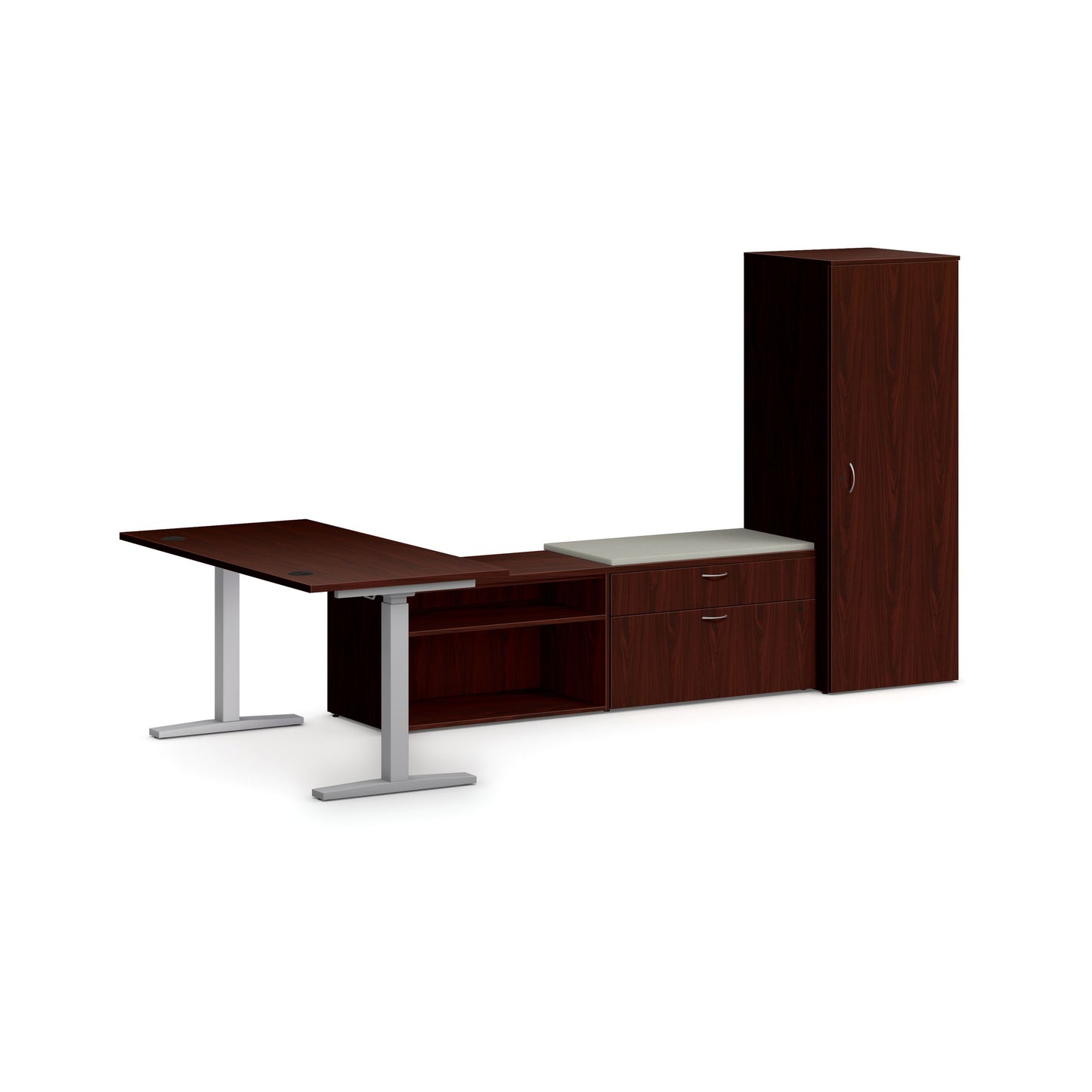 HON Mod Height-Adjustable L-Station with Storage | Traditional Mahogany Laminate | Cool Neutral Fabric | Silver Base