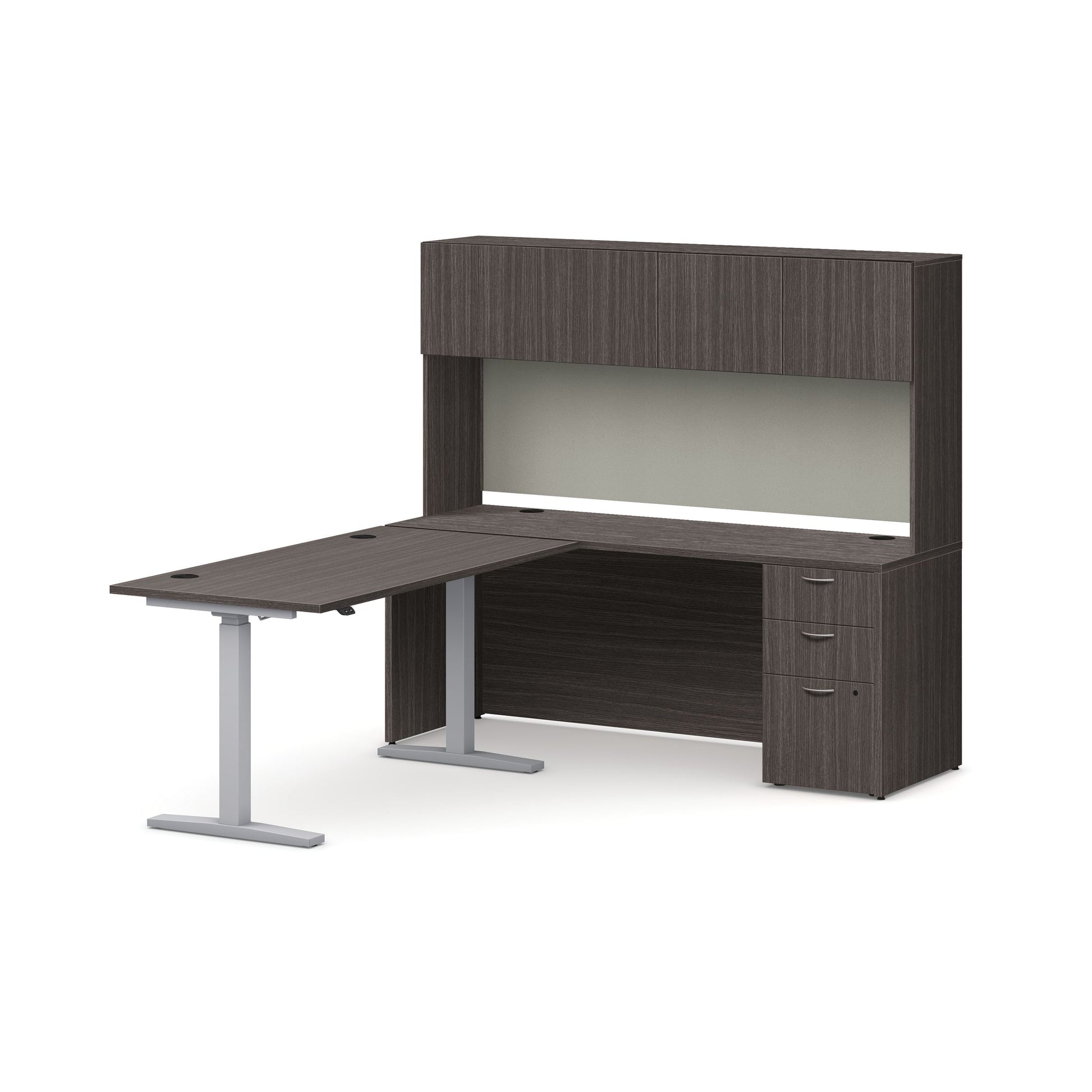 HON Mod Executive Height-Adjustable Workstation with Storage | Slate Teak Laminate | Cool Neutral Fabric | Silver Base