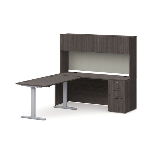 HON Mod Executive Height-Adjustable Workstation with Storage | Slate Teak Laminate | Cool Neutral Fabric | Silver Base