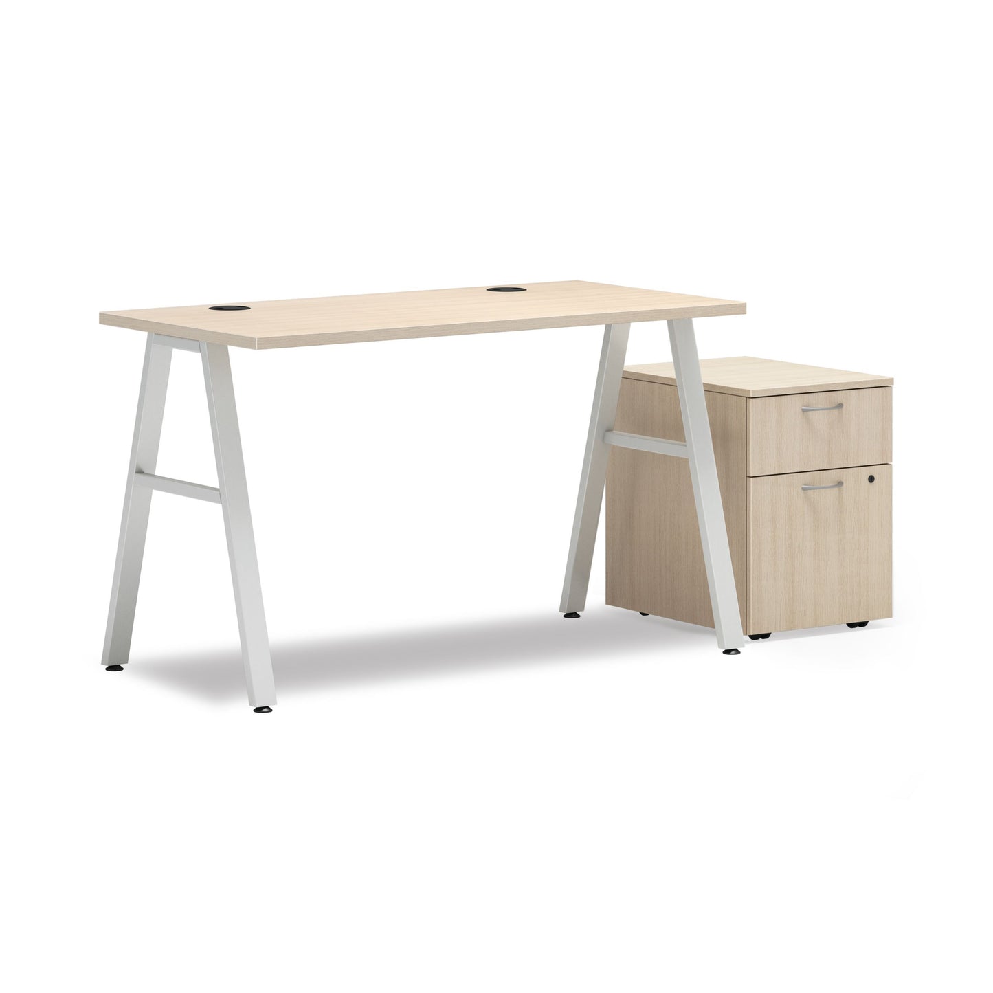 HON Mod Desk with Storage | 1 Box Drawer / 1 File Drawer | 48"W x 24"D | Silver A-Leg Base | Desert Oak Laminate