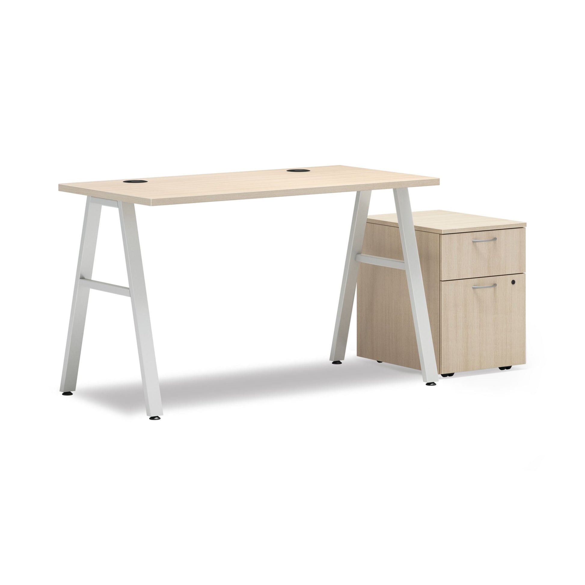 HON Mod Desk with Storage | 1 Box Drawer / 1 File Drawer | 48"W x 24"D | Silver A-Leg Base | Desert Oak Laminate