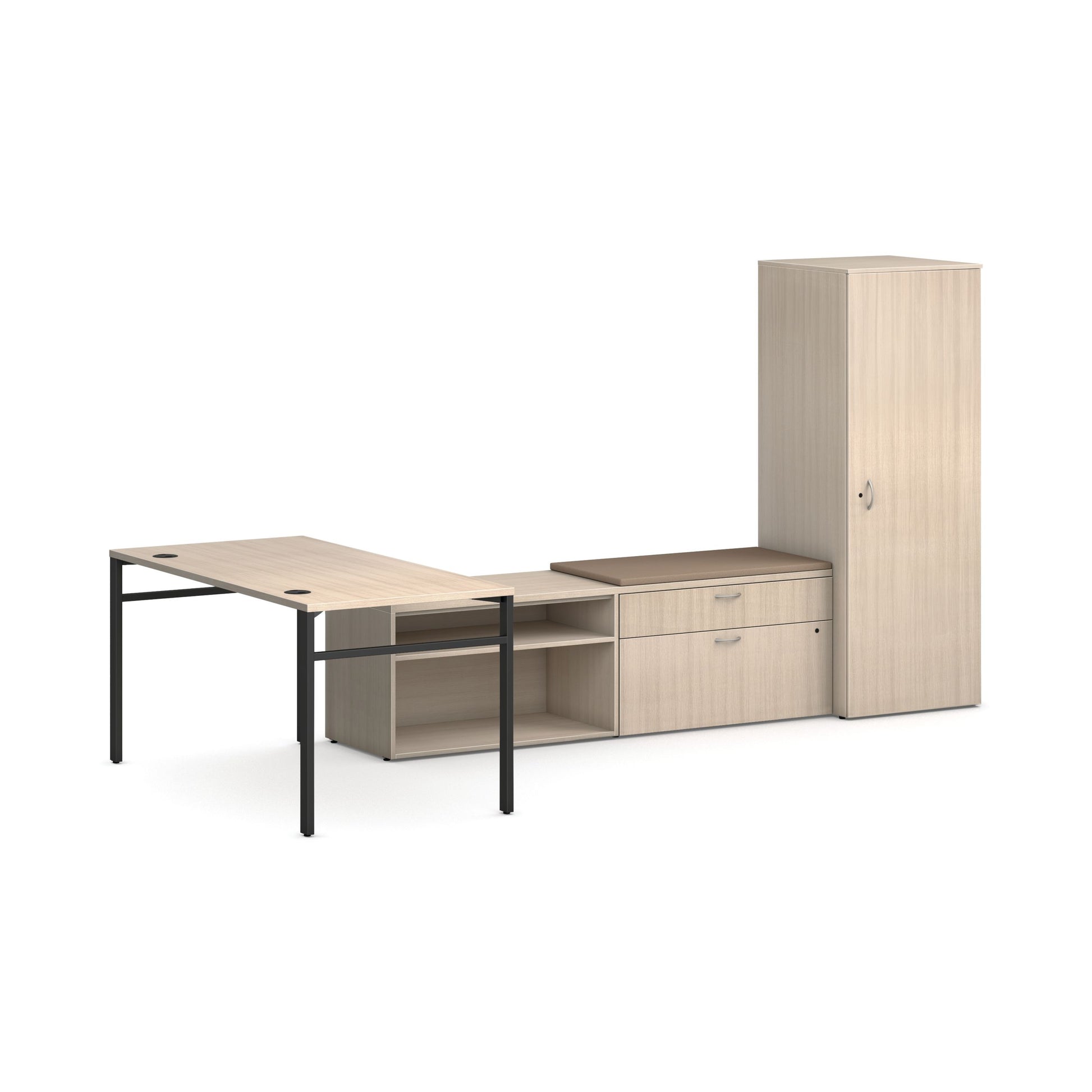 HON Mod L-Station with Storage | Desert Oak Laminate | Cool Neutral Fabric | Black U-Leg