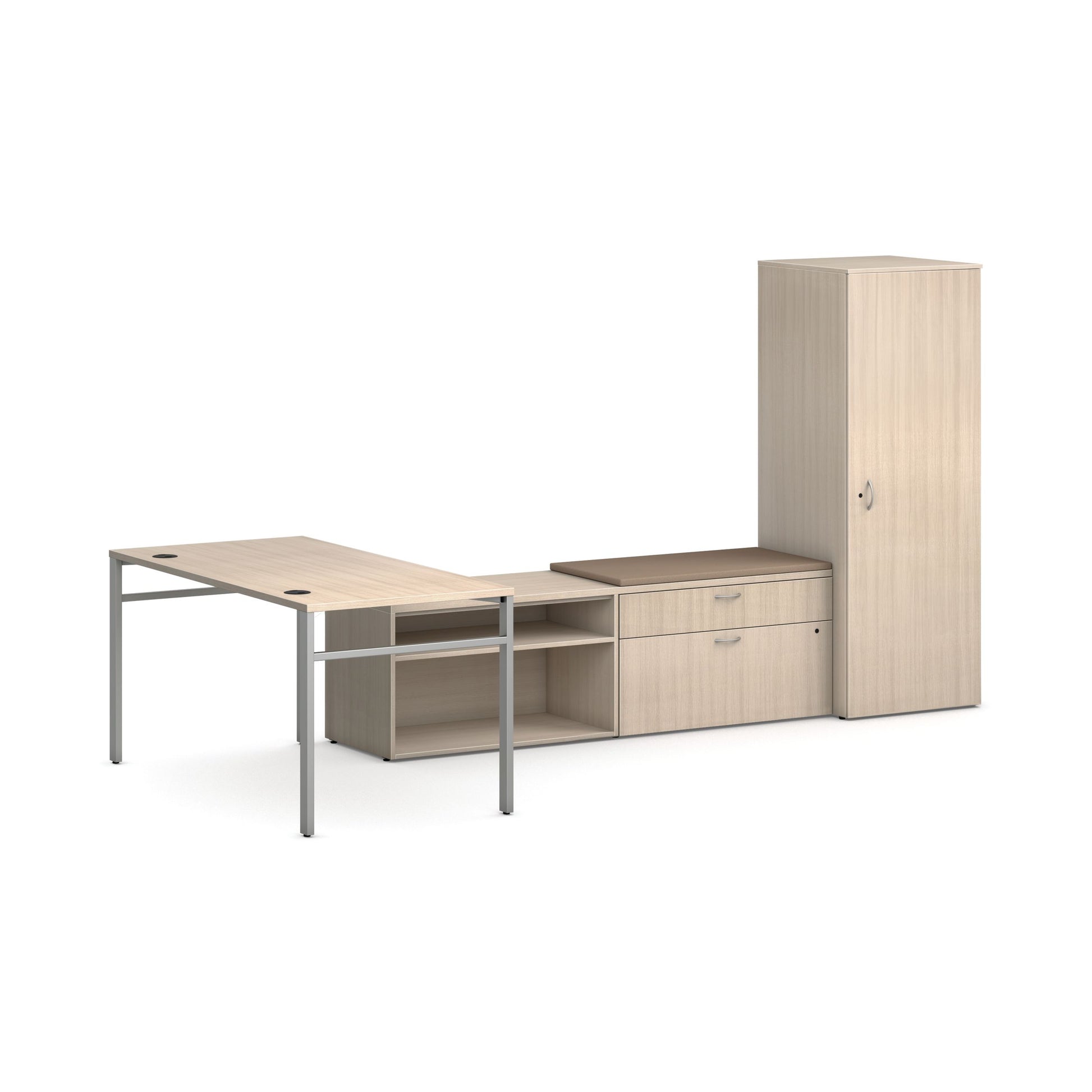 HON Mod L-Station with Storage | Desert Oak Laminate | Cool Neutral Fabric | Silver U-Leg